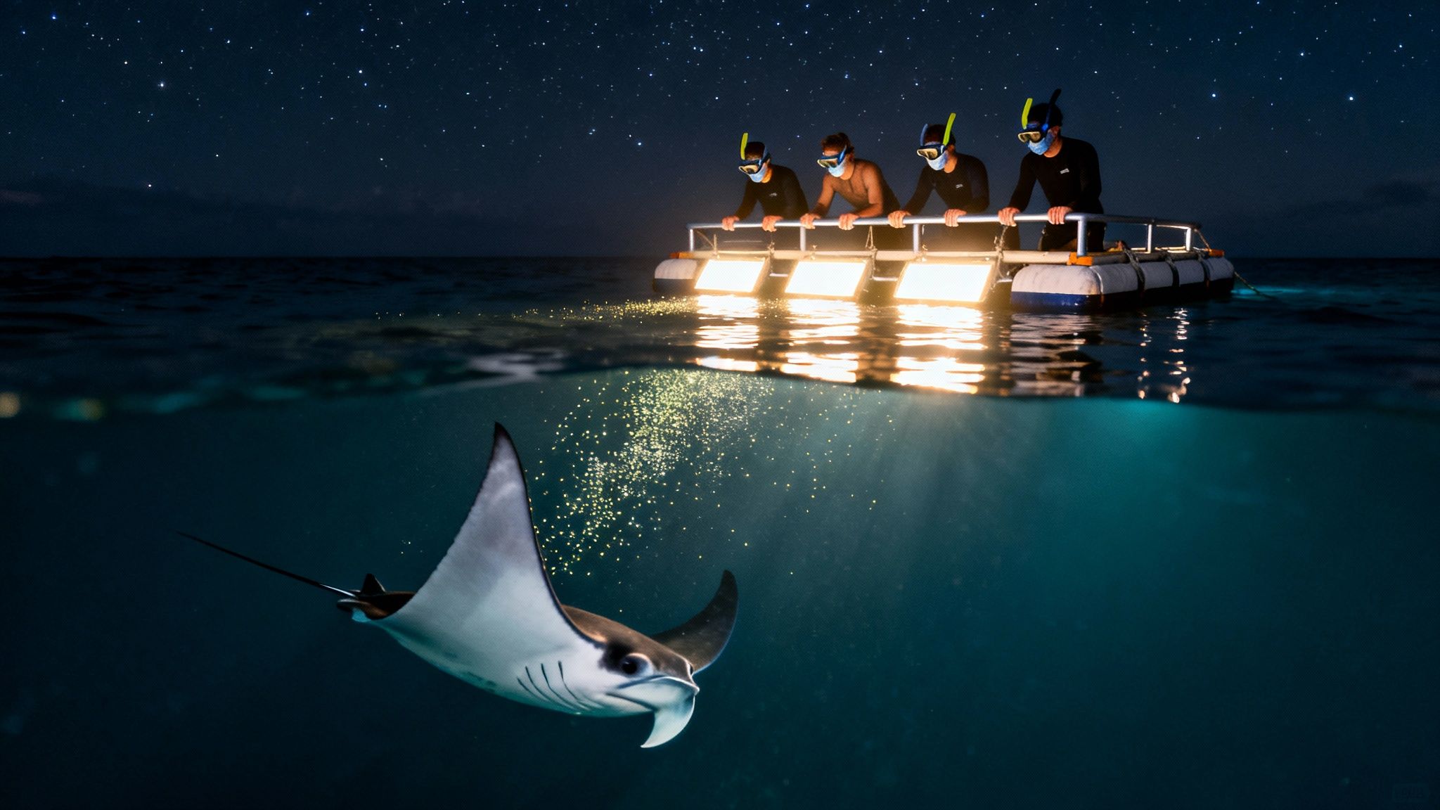 Four snorkelers watch a majestic manta ray swim beneath a lit platform at night, under a star-filled sky.