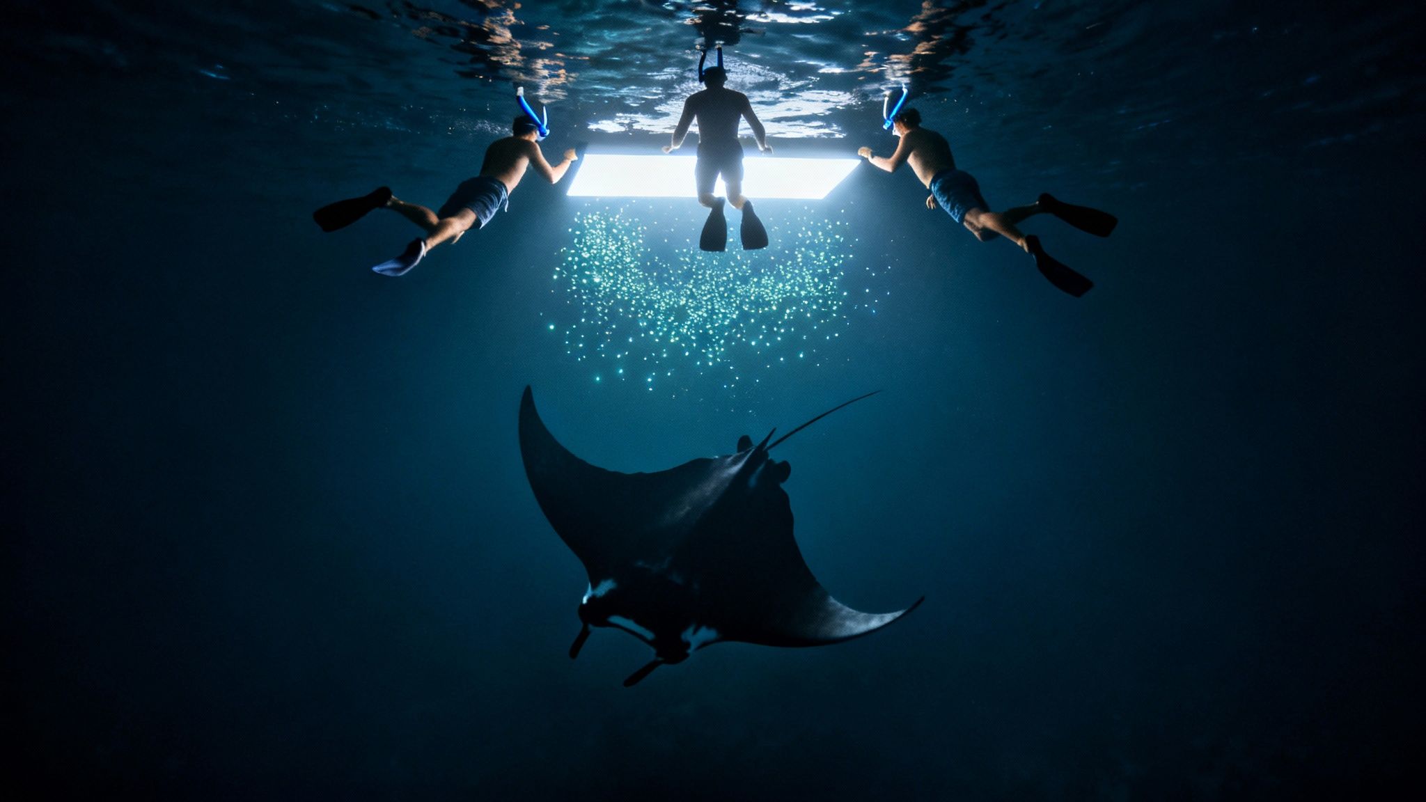 Three people snorkeling at night with a large manta ray illuminated by underwater lights.