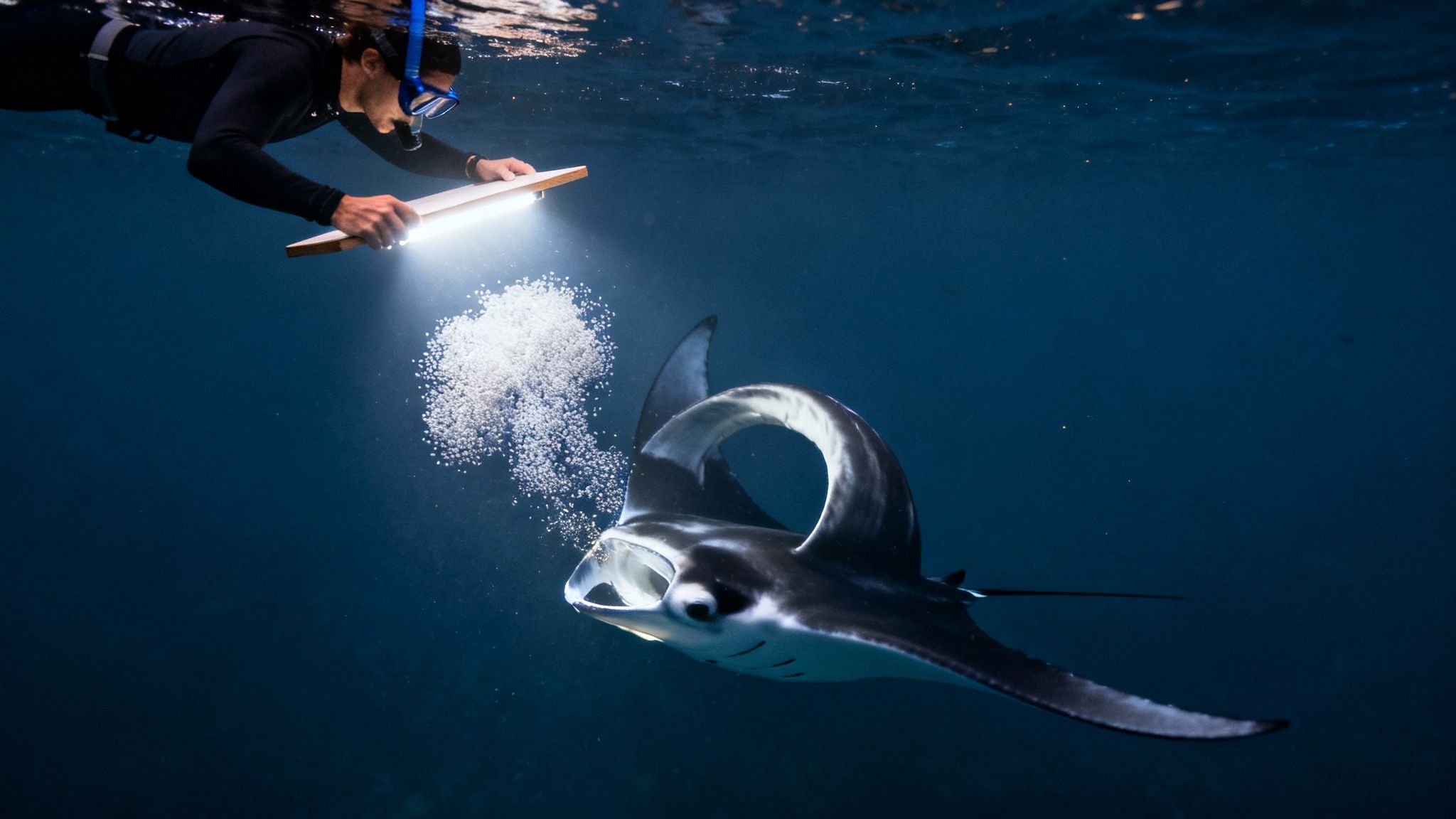 A snorkeler illuminates plankton, attracting a majestic manta ray with open mouth underwater.