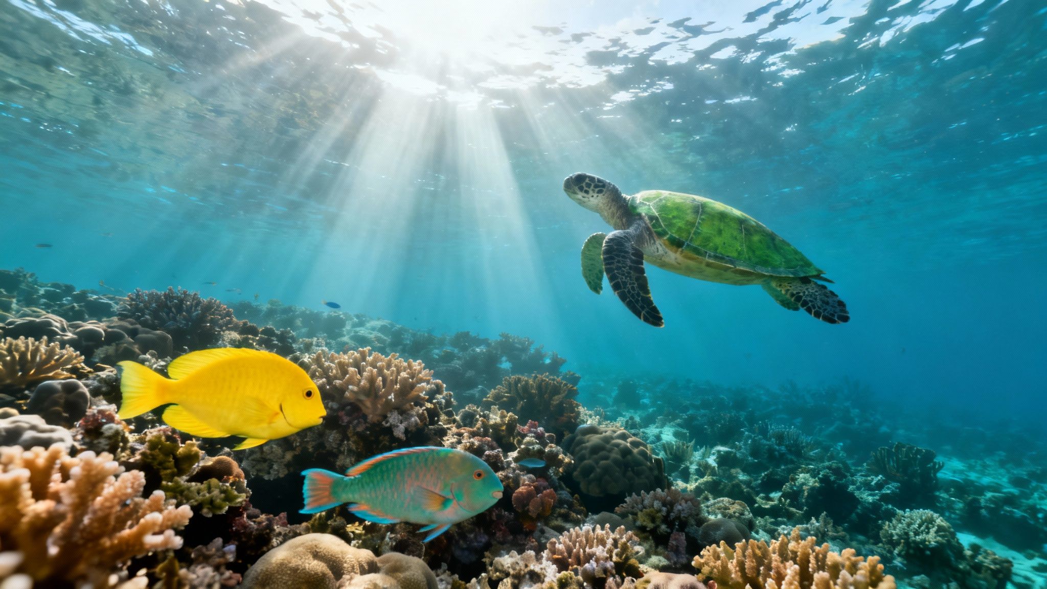 A green sea turtle swims above a colorful coral reef with fish and sunbeams filtering through the ocean.