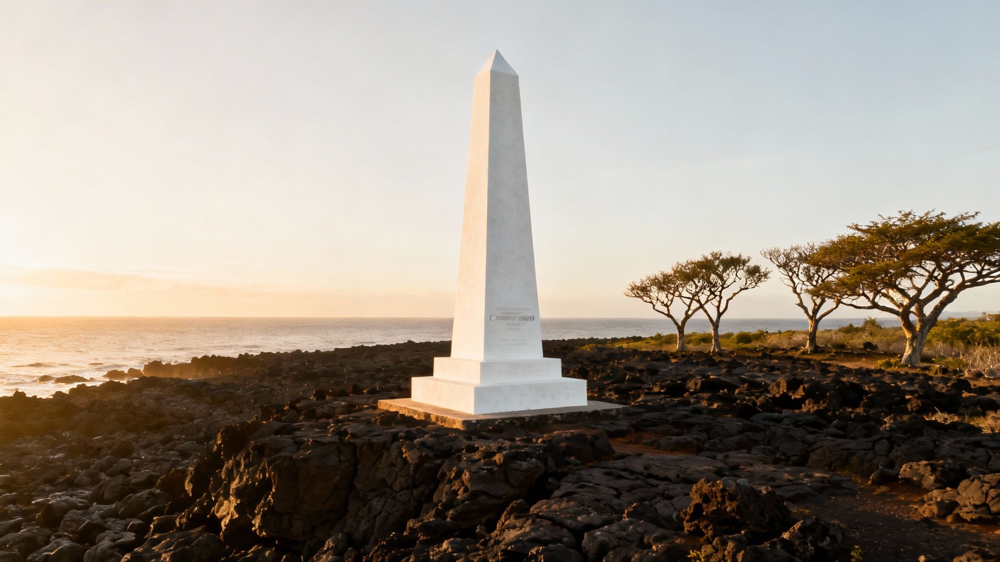A boat on the clear turquoise water of Kealakekua Bay with the Captain Cook Monument in the background.