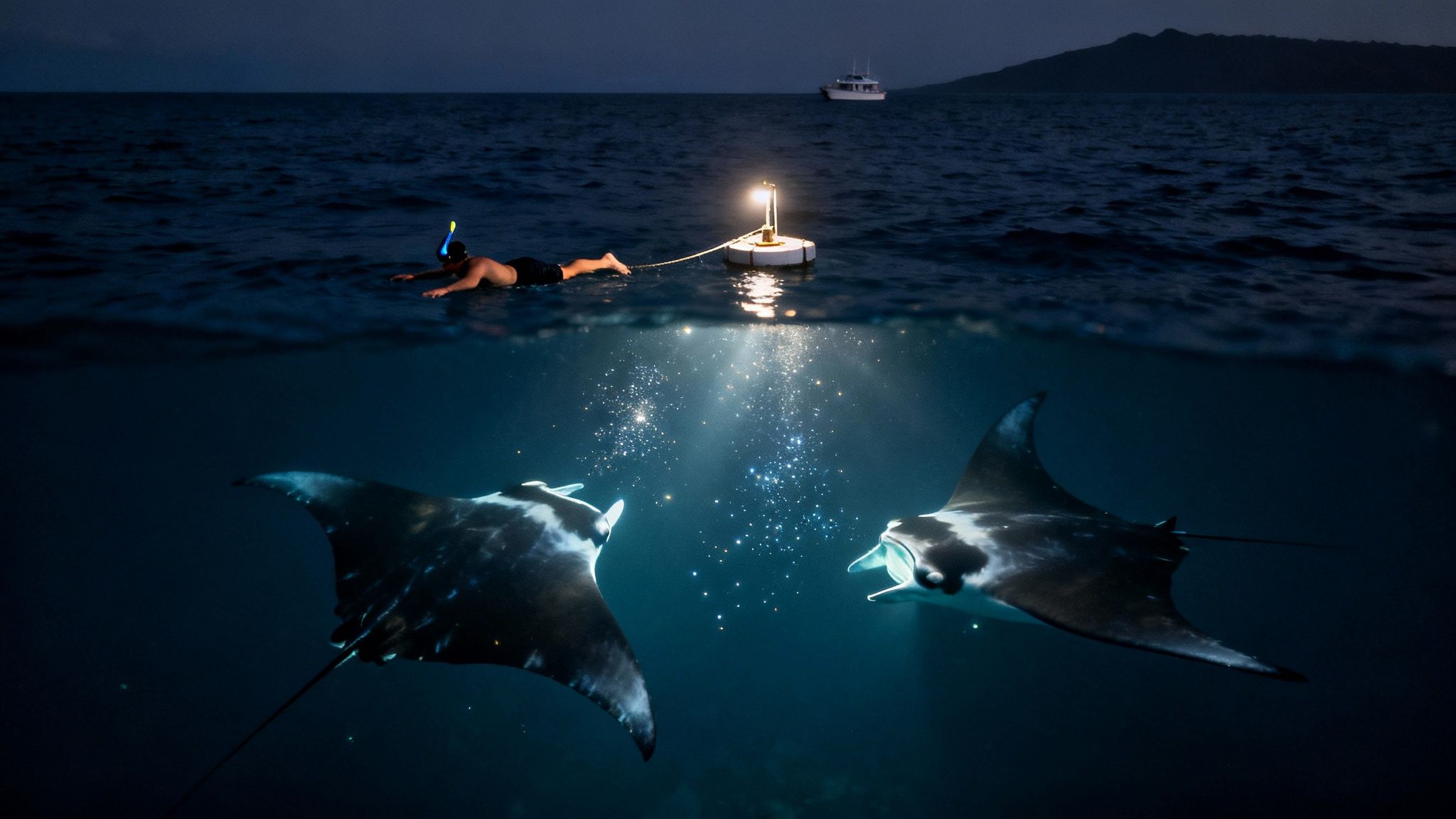 Manta ray gliding through the water at night during a snorkel tour in Kona