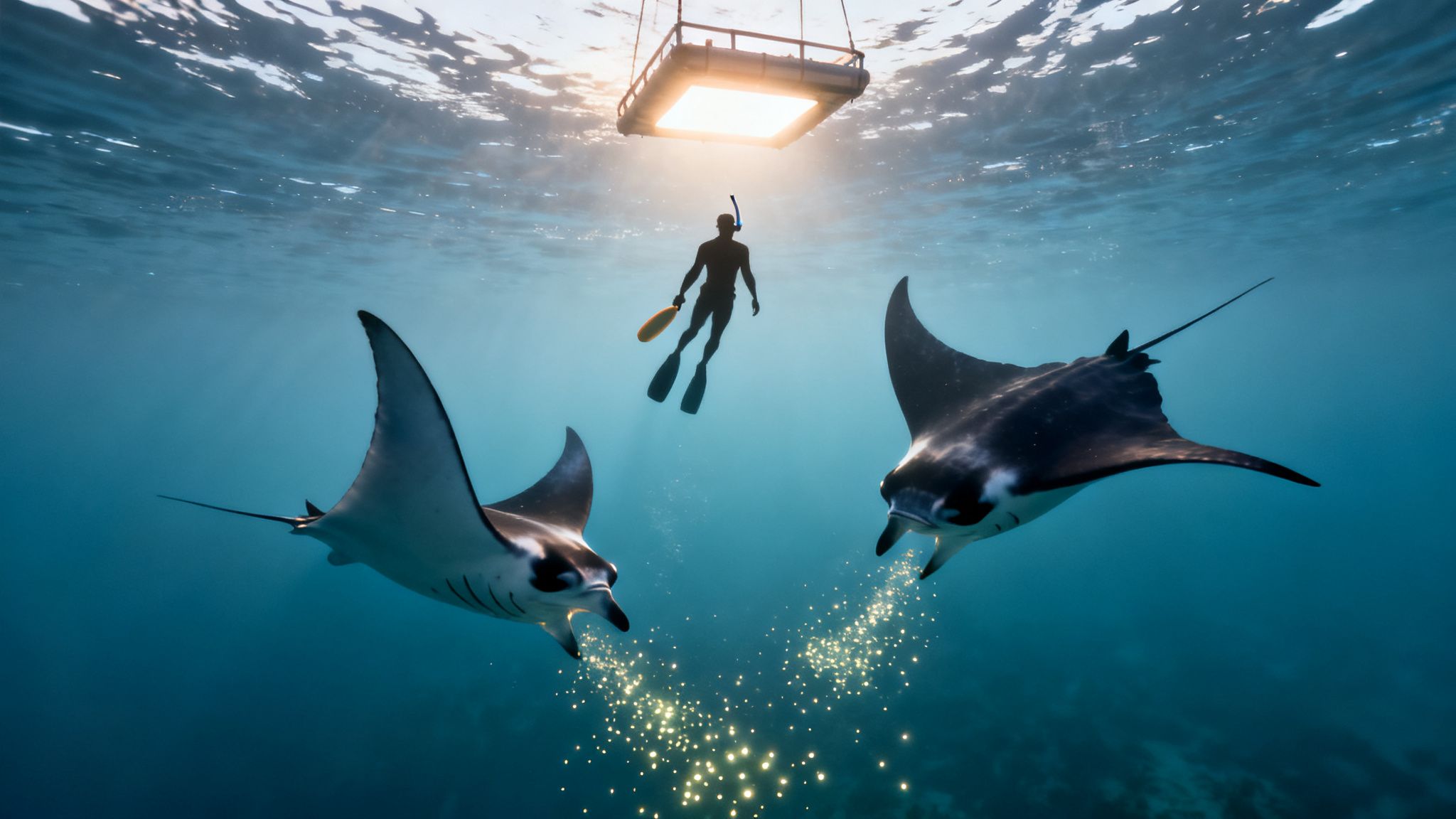 A snorkeler swims underwater between two manta rays, illuminated by a light and glowing particles.