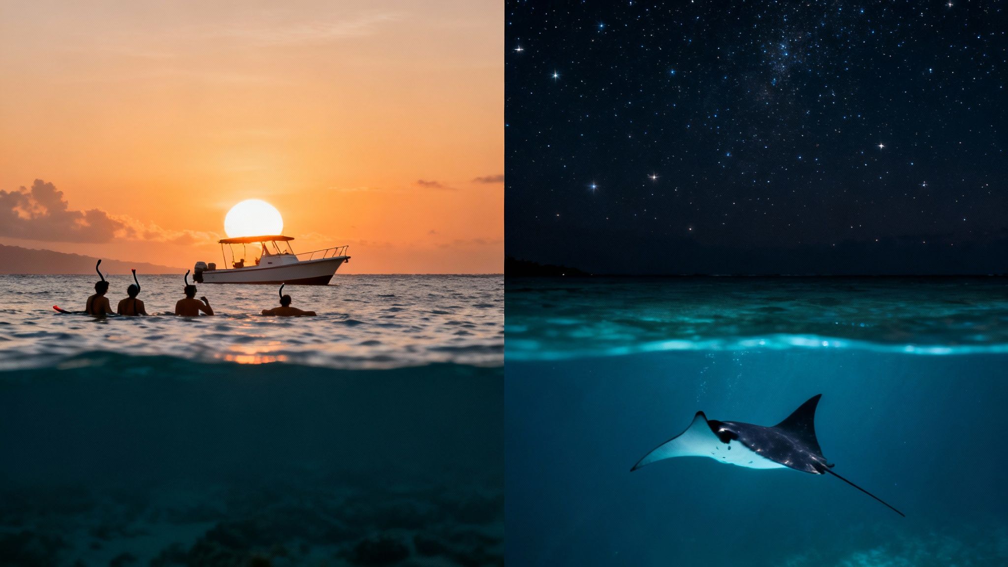 Split image shows snorkelers at sunset near a boat, and a manta ray swimming under a starry night.