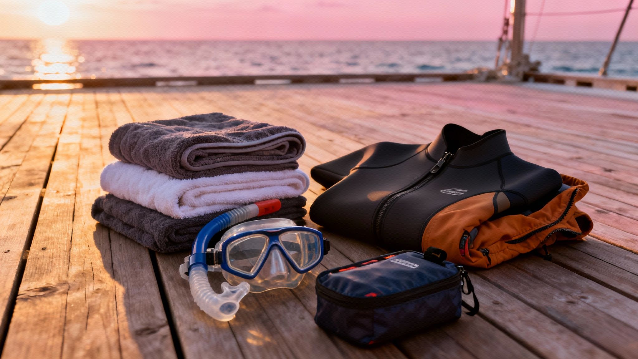 Snorkel gear, wetsuit, and towels on a wooden pier overlooking the ocean at sunset.