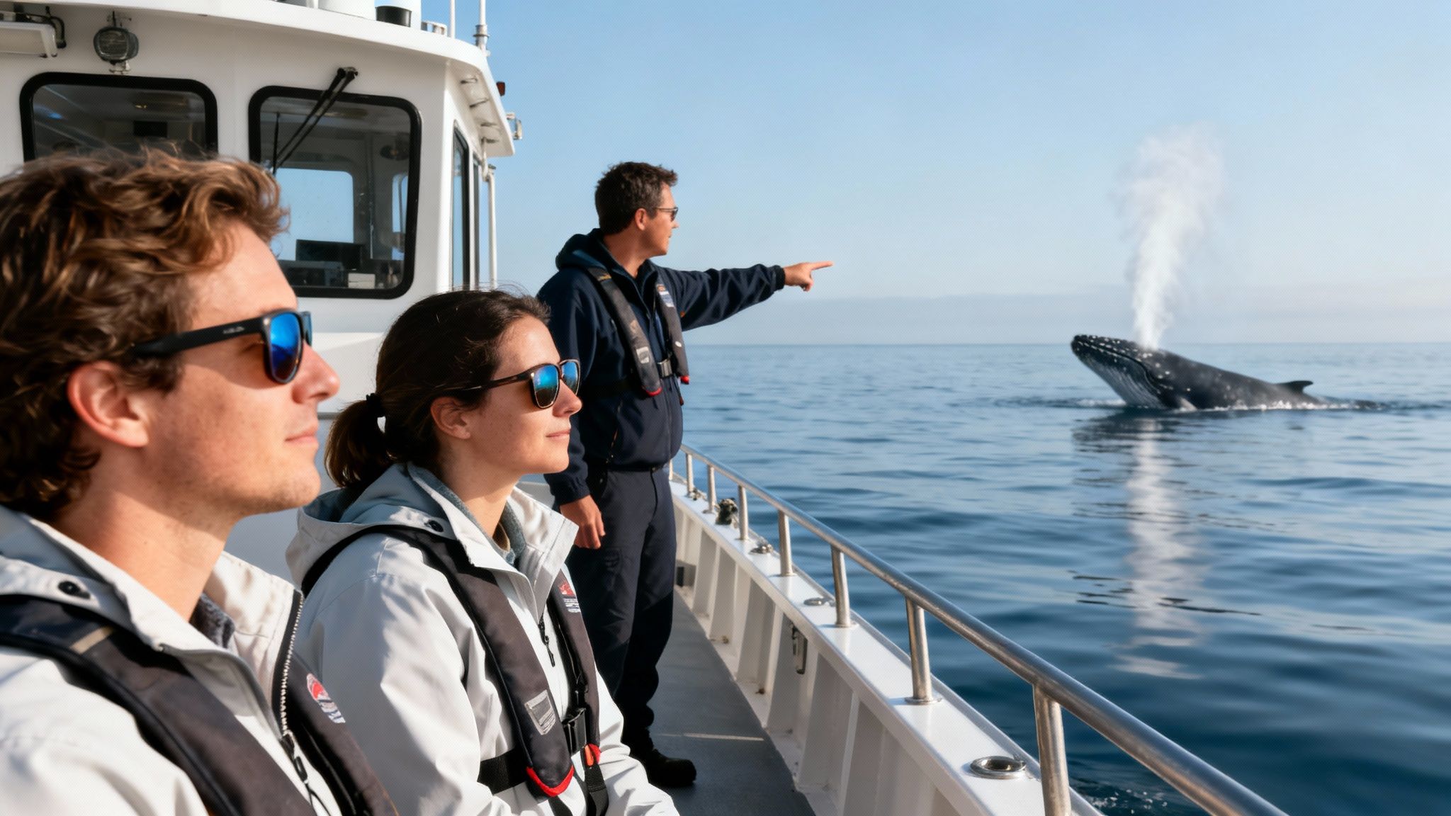 Tourists on a whale watching boat watching a humpback whale spout water in the ocean.