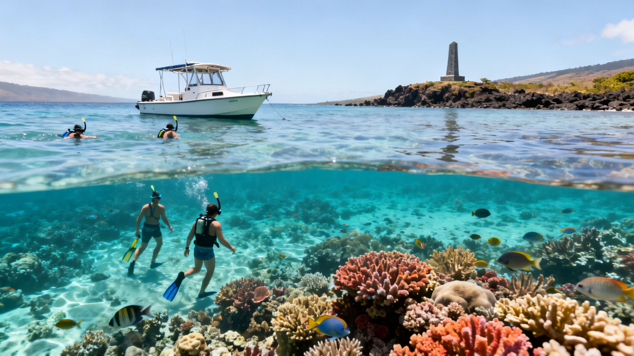 People snorkeling above a vibrant coral reef, with a boat and monument visible above the water.