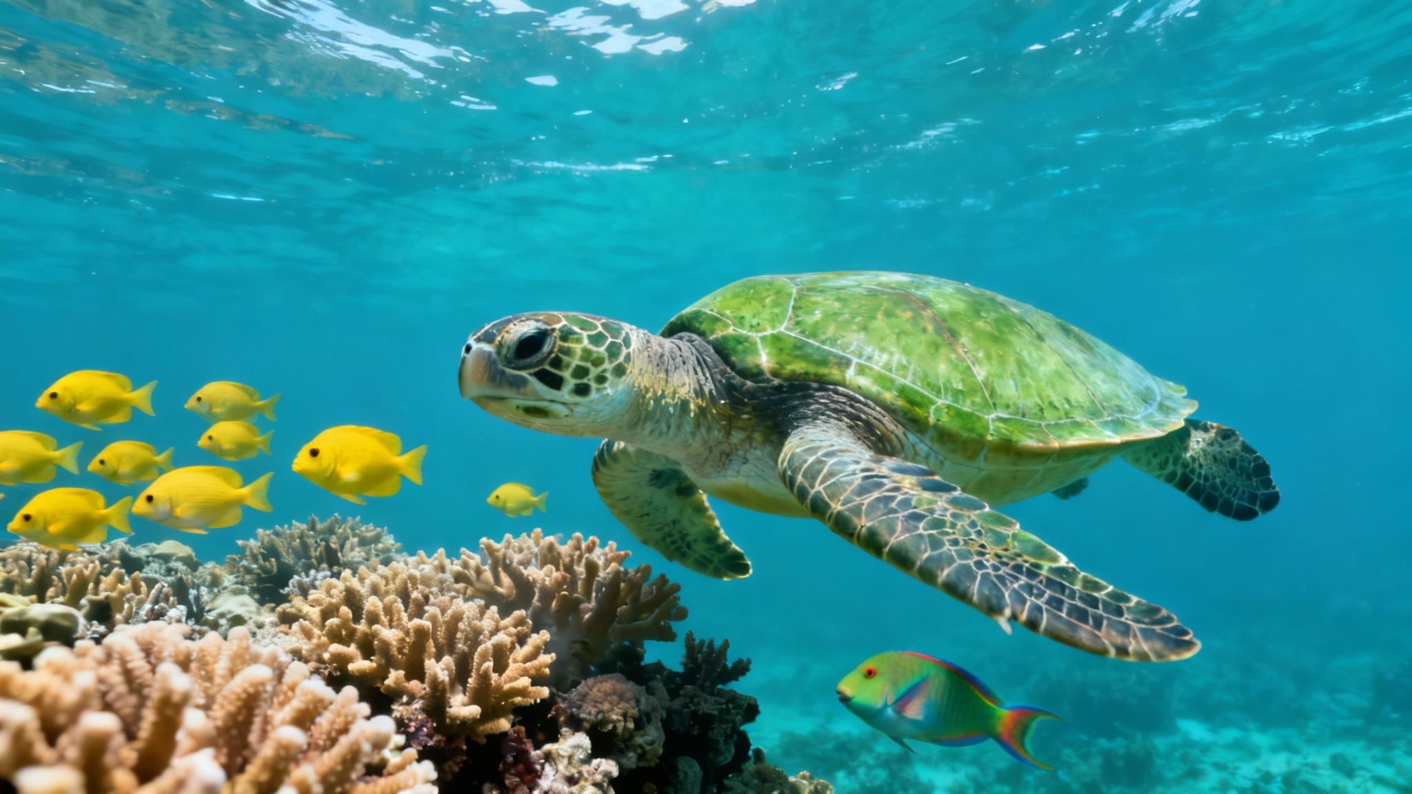 A majestic green sea turtle swims among a school of yellow fish and colorful coral reef.