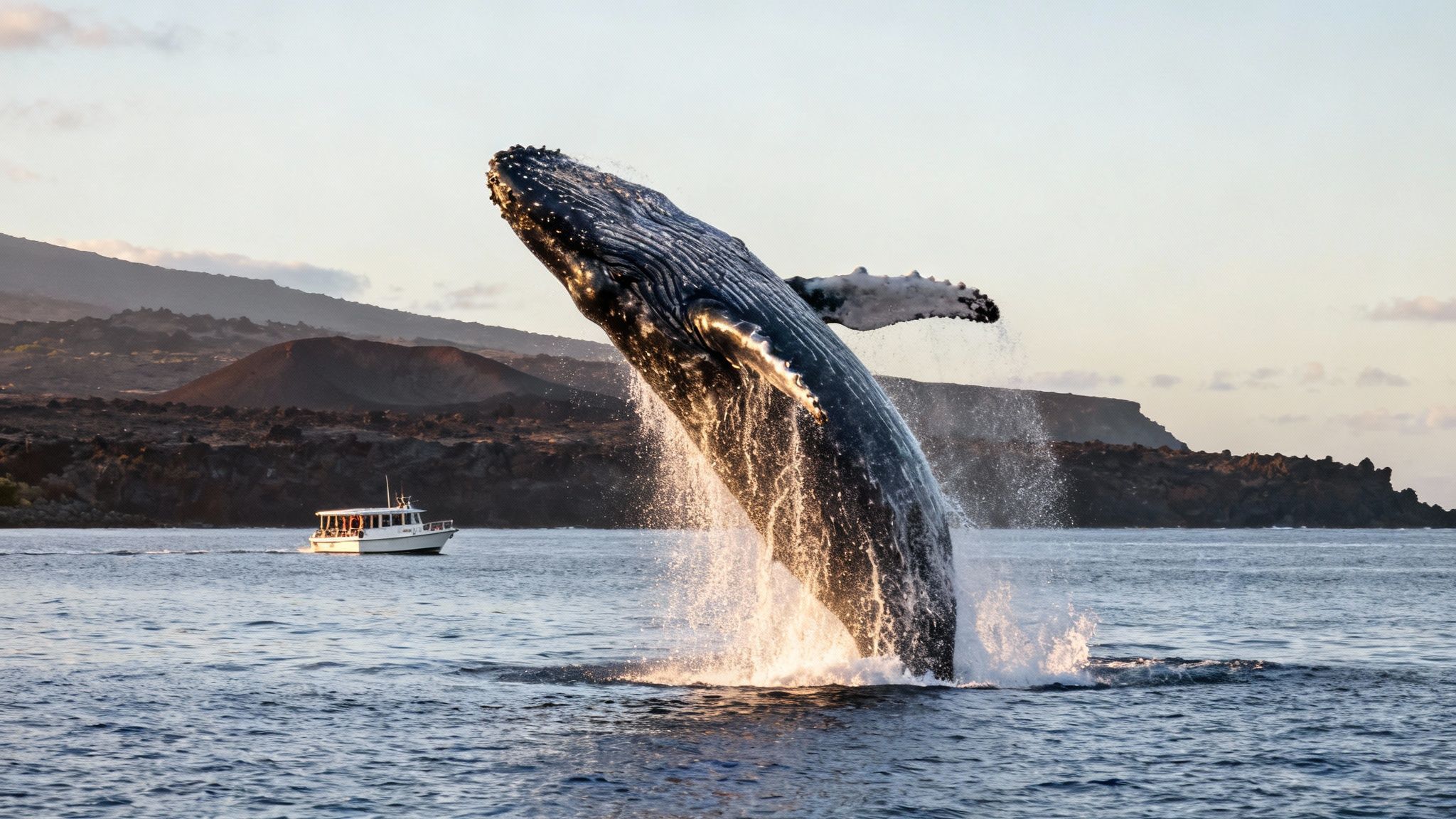 A massive humpback whale breaching the surface of the ocean on the Big Island of Hawaii.