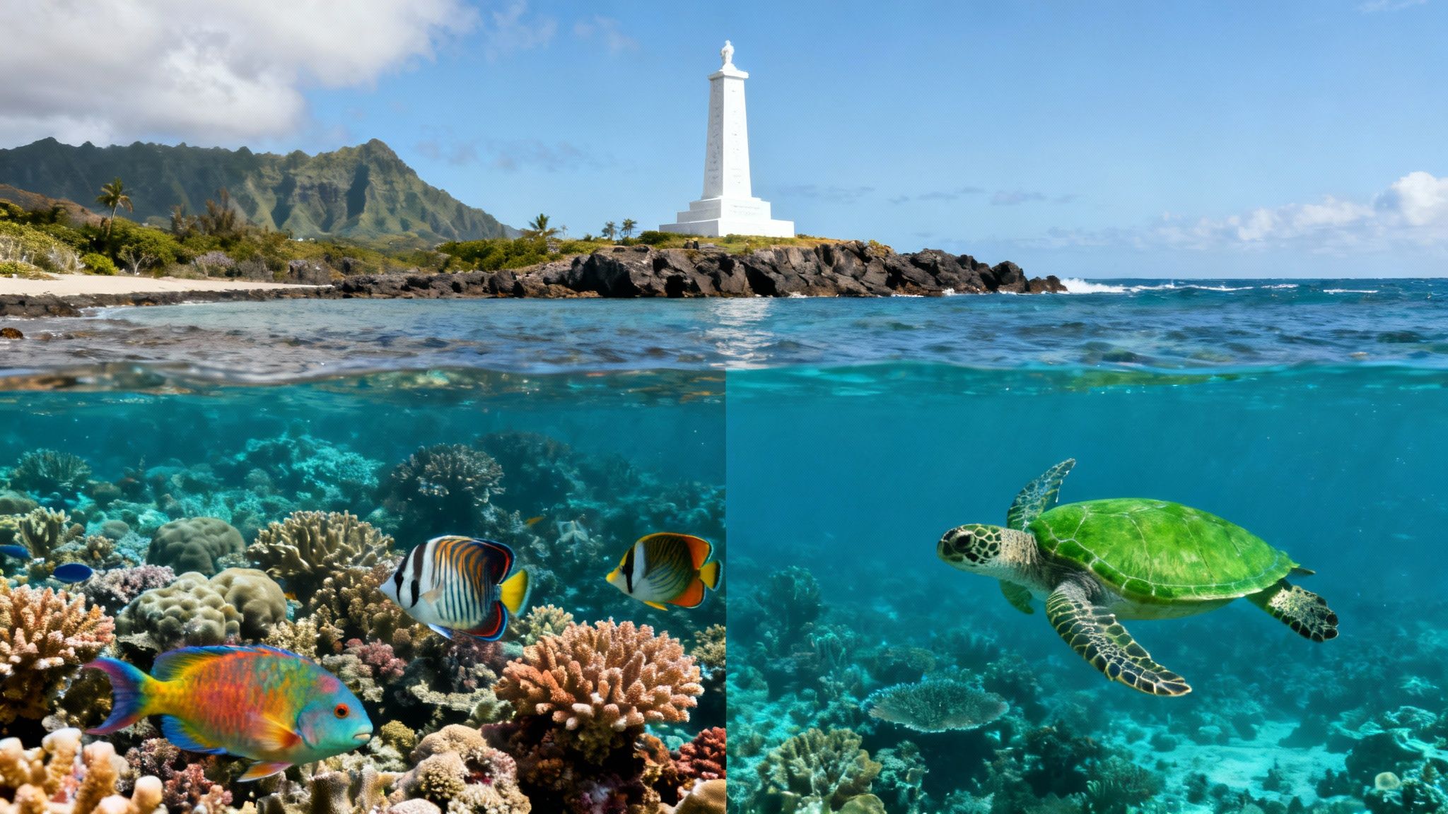 Tropical split-level image showing a Hawaiian beach, lighthouse, coral reef, colorful fish, and a sea turtle.