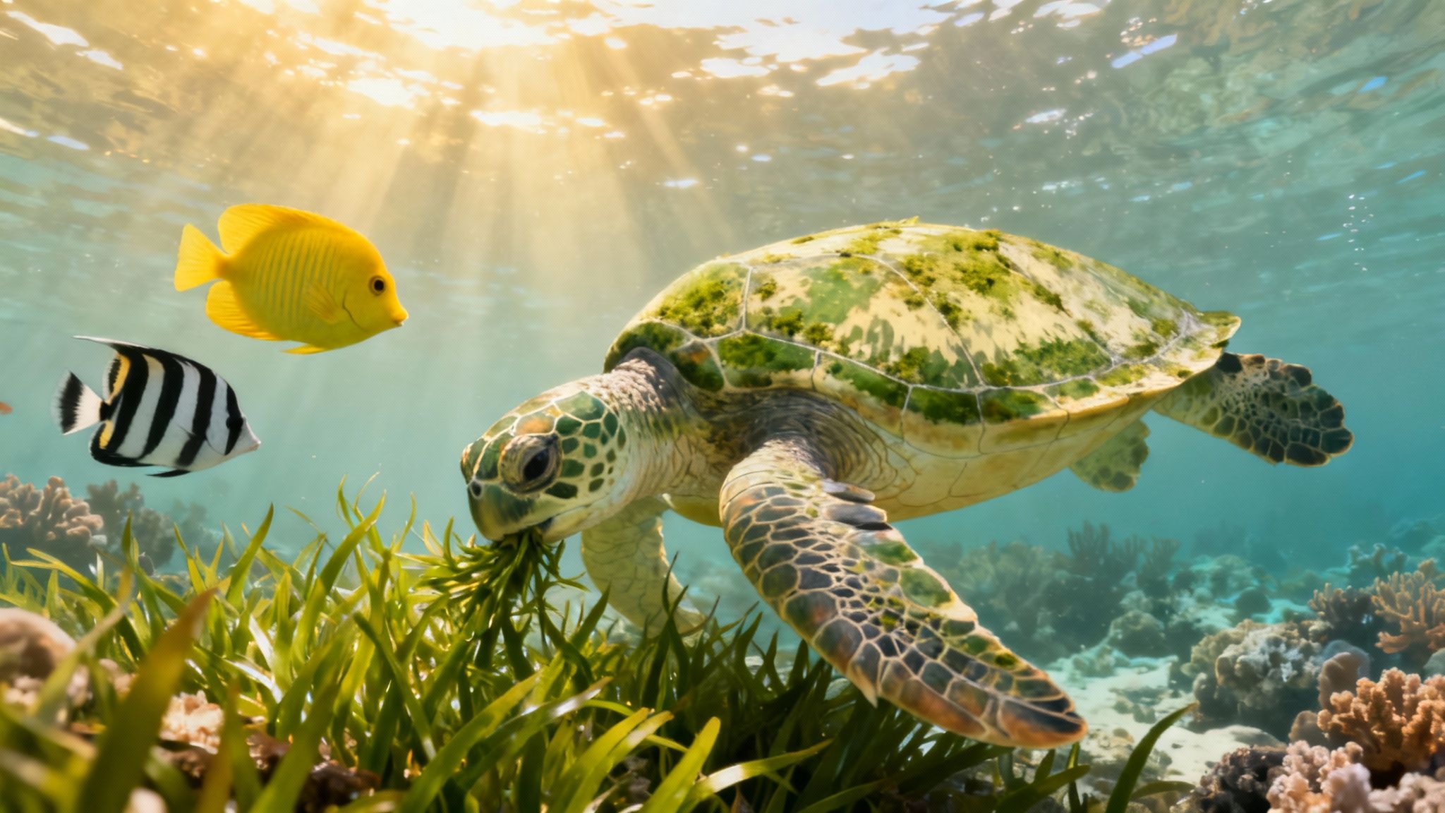 Underwater scene with a green sea turtle eating seagrass, yellow and striped fish, and sunlight.