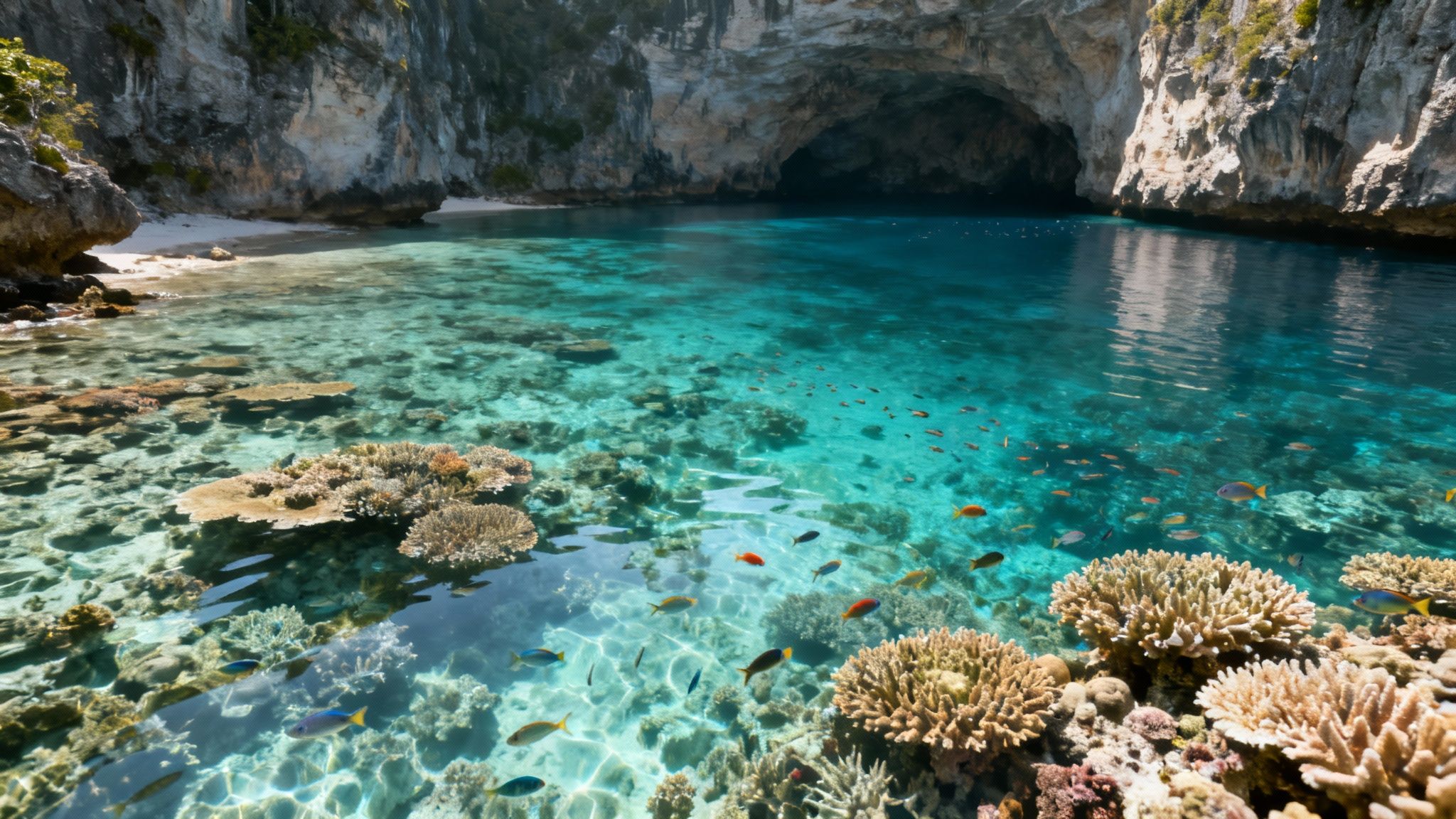 Vibrant coral reef with colorful fish in clear turquoise water near a beach and cave.