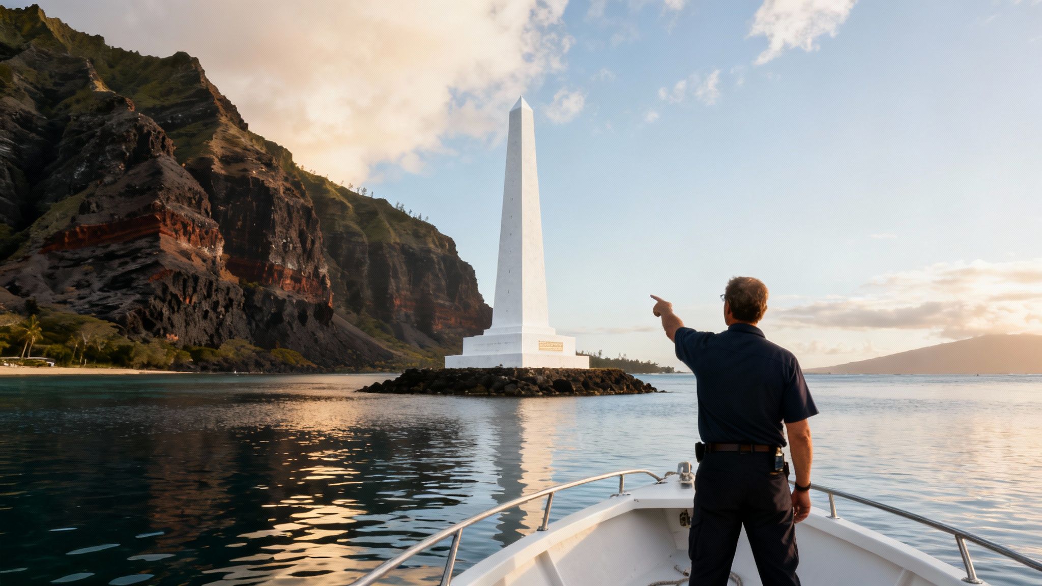 Tourist on boat pointing at Washington Monument near Hawaiian cliffs during Captain Cook snorkel tour