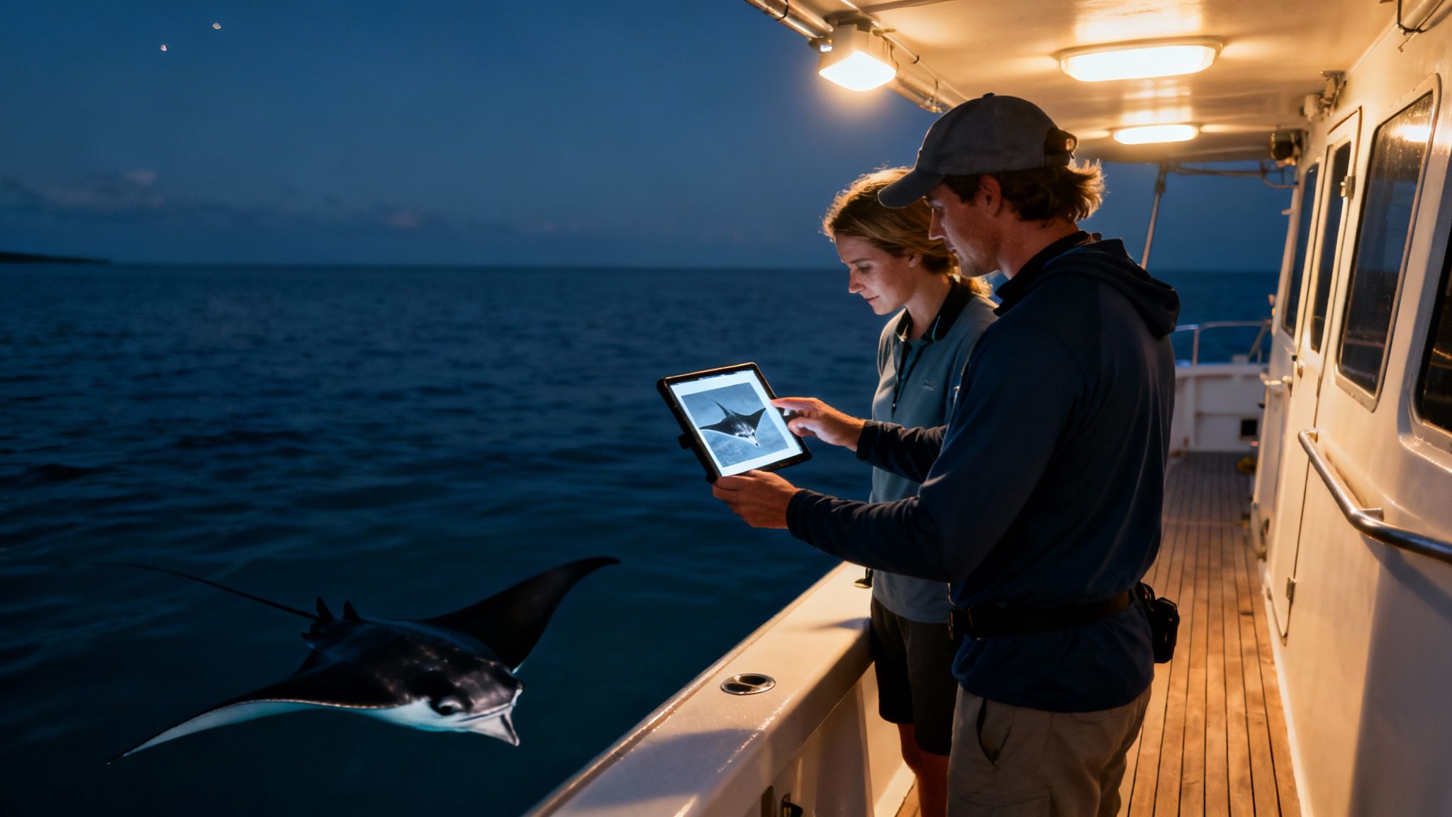 Two people on a boat at night observe a manta ray in the ocean while looking at a tablet.