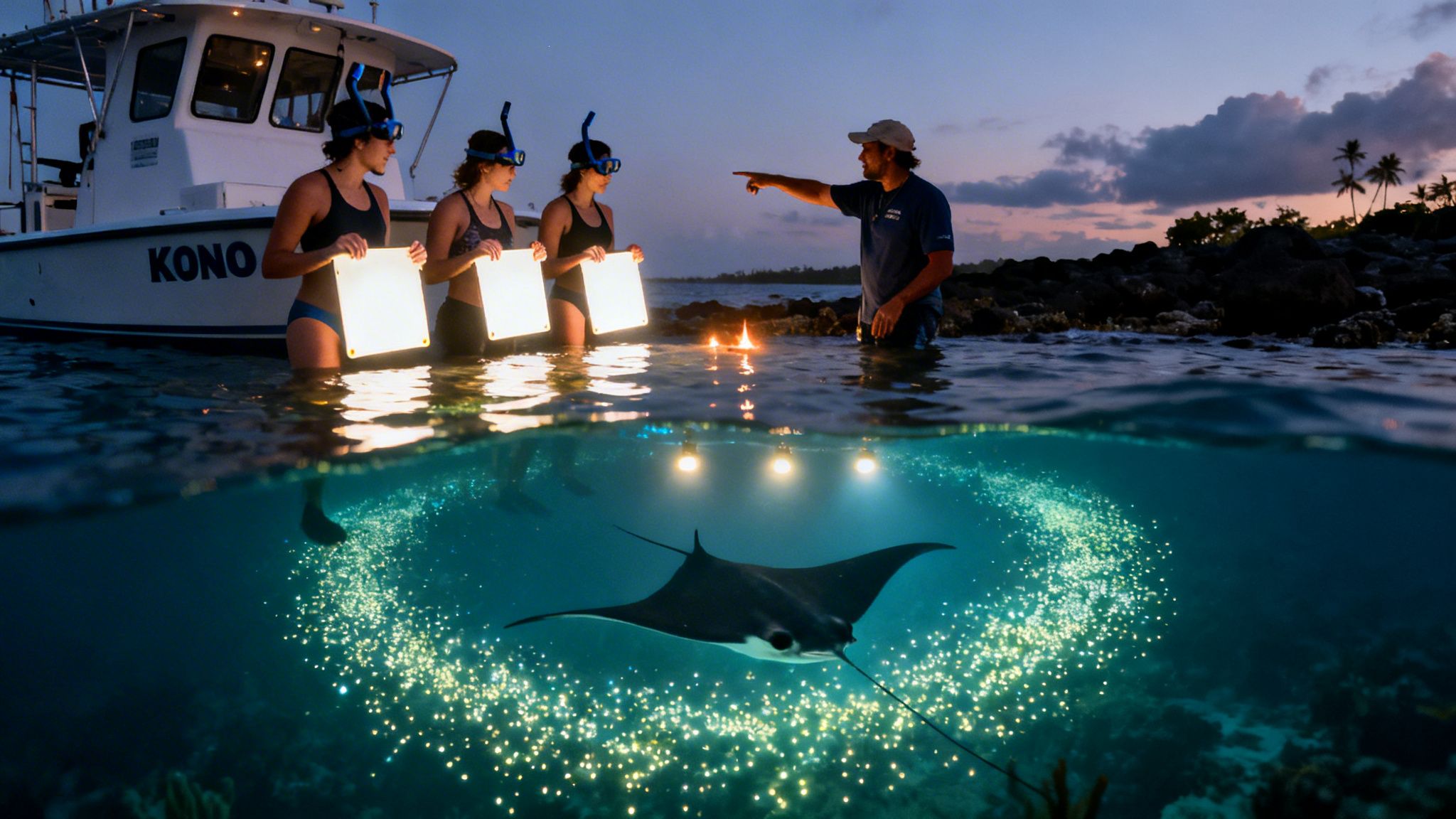 A split image captures snorkelers observing a manta ray swimming amidst bioluminescent plankton at dusk.