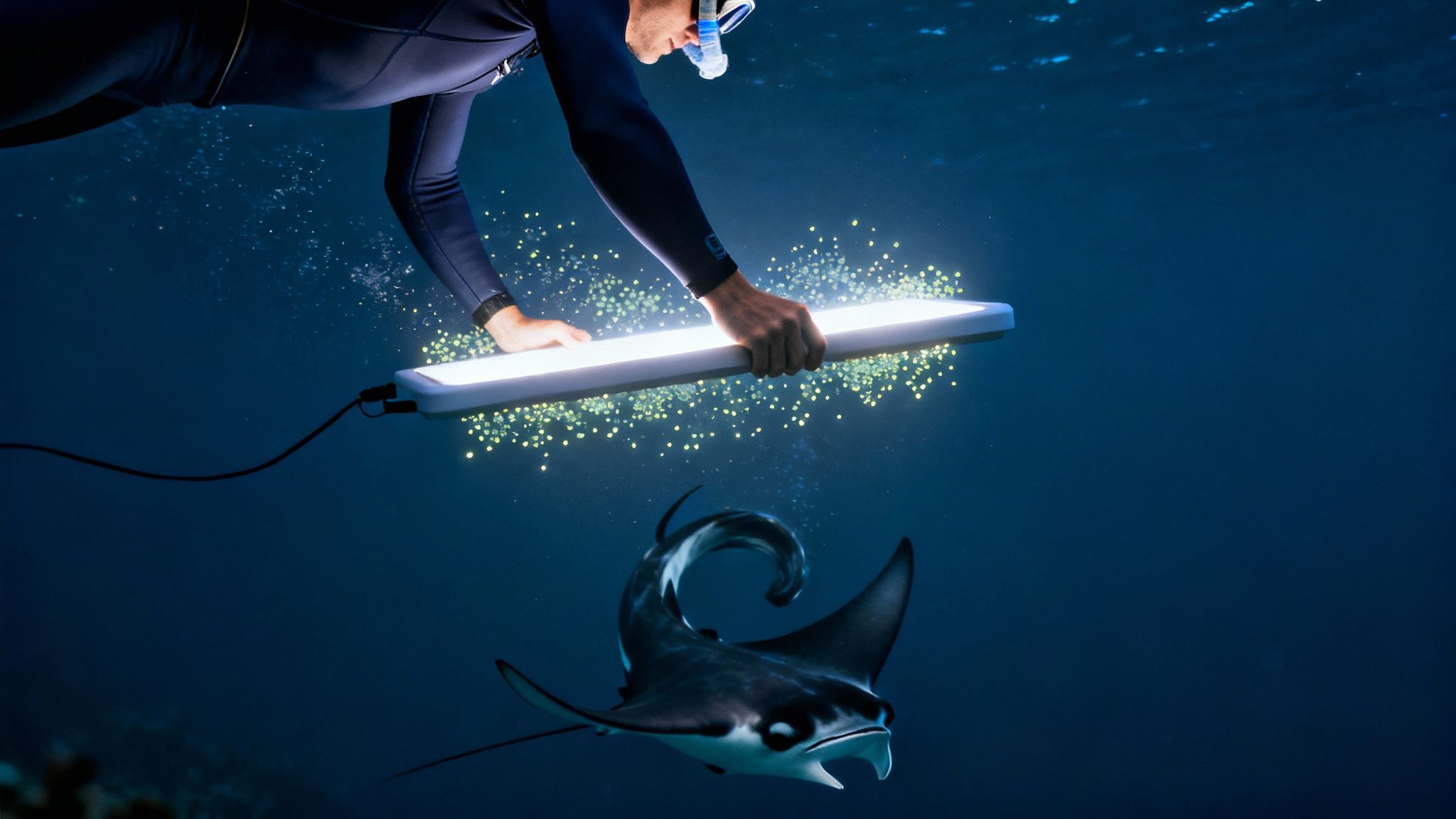 A diver in a wetsuit and snorkel holds an underwater light near a majestic manta ray.