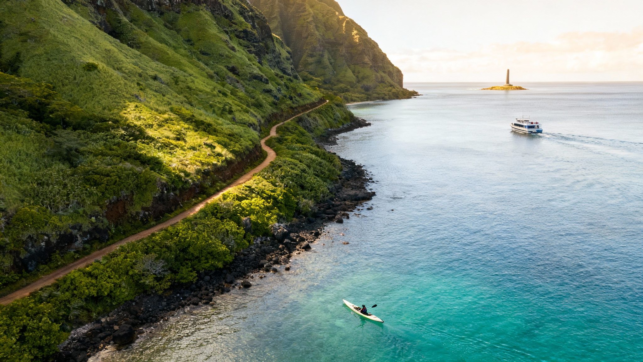 Aerial view of a scenic coastal path, green mountains, blue ocean, kayak, boat, and distant lighthouse.