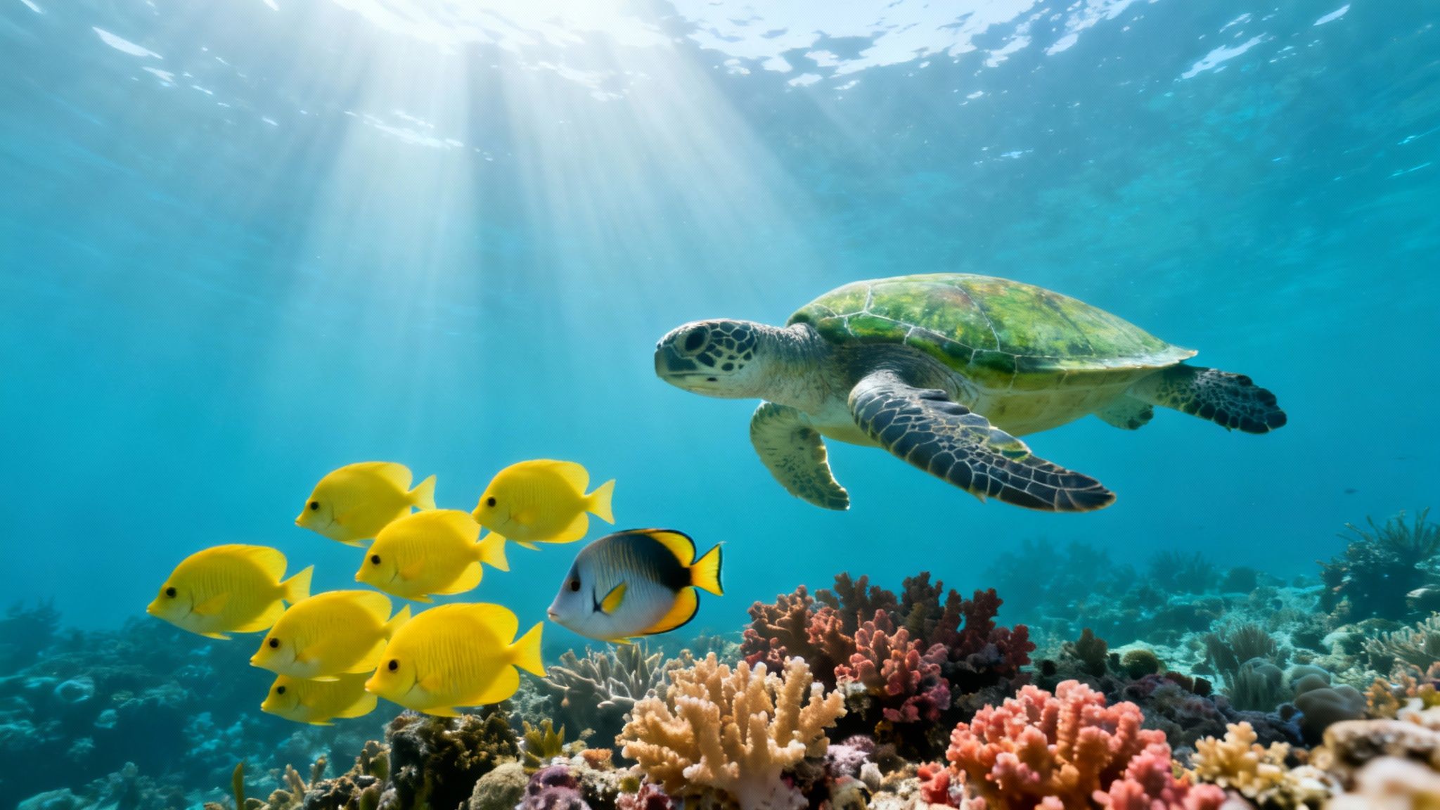 A vibrant underwater scene with a green sea turtle, a school of yellow fish, and colorful coral reefs.