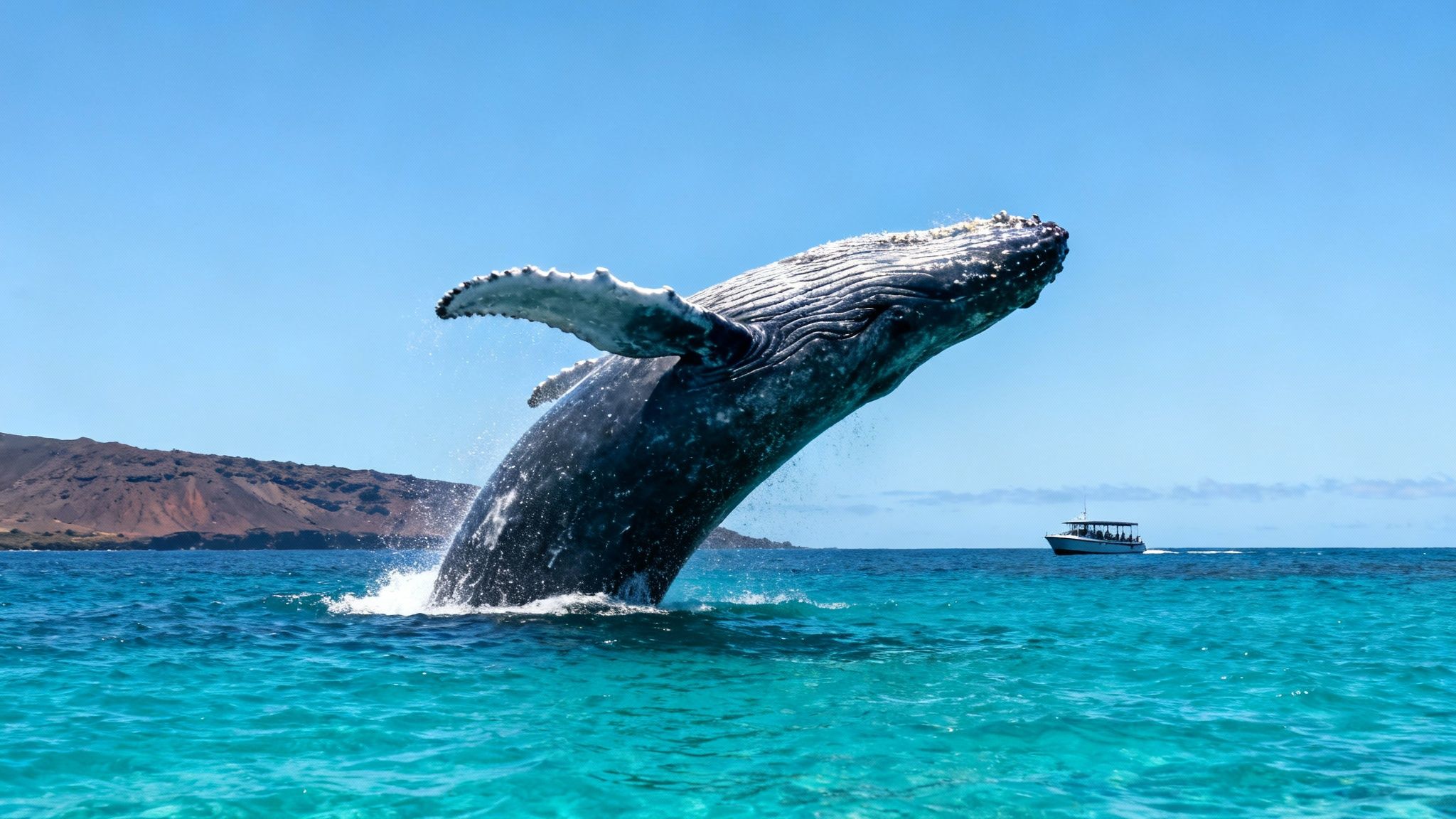 A humpback whale breaching spectacularly out of the Kona water with a tour boat in the background.