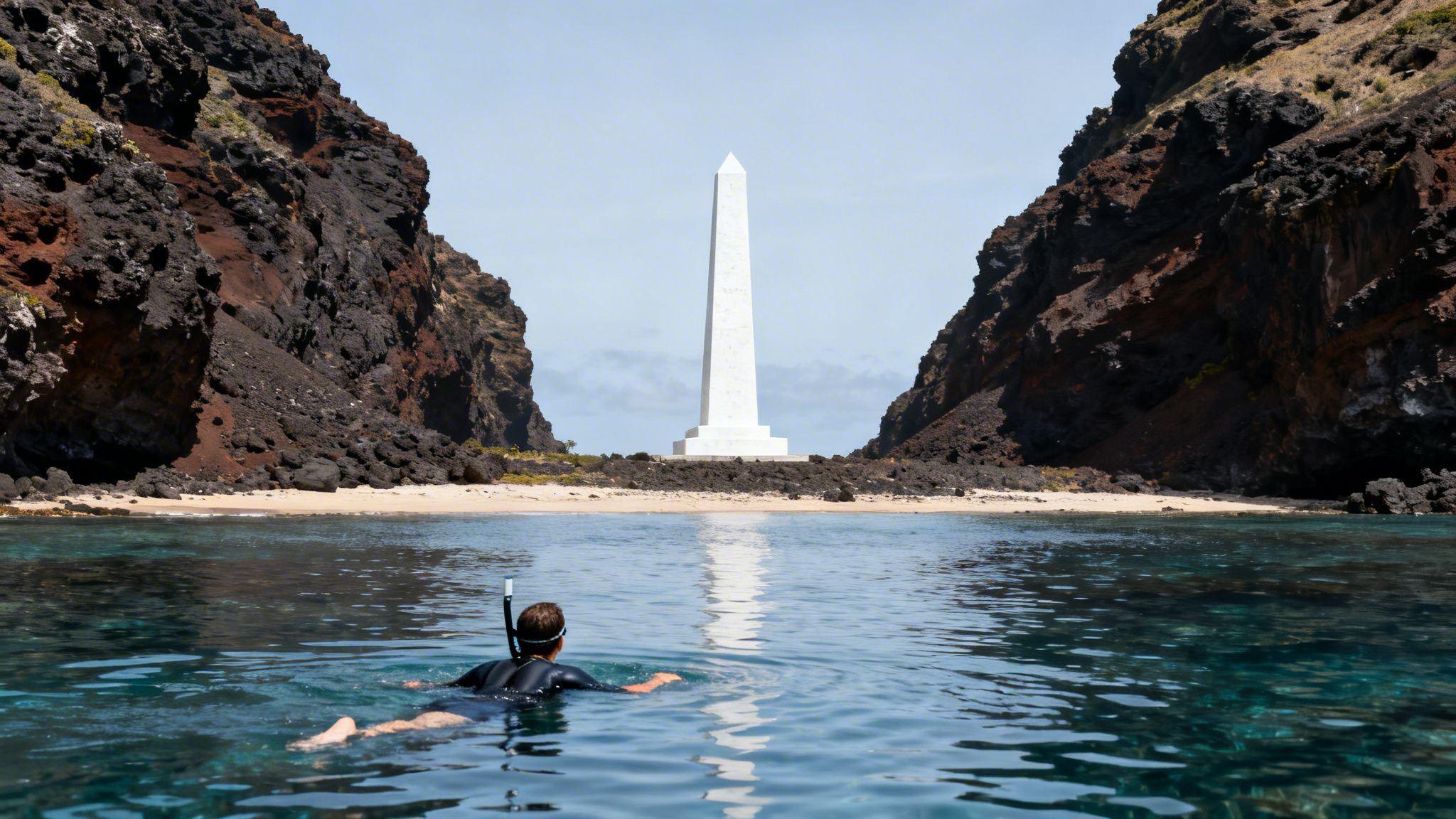 A snorkeler in clear blue water gazes at a tall white obelisk on a sandy beach between dark cliffs.