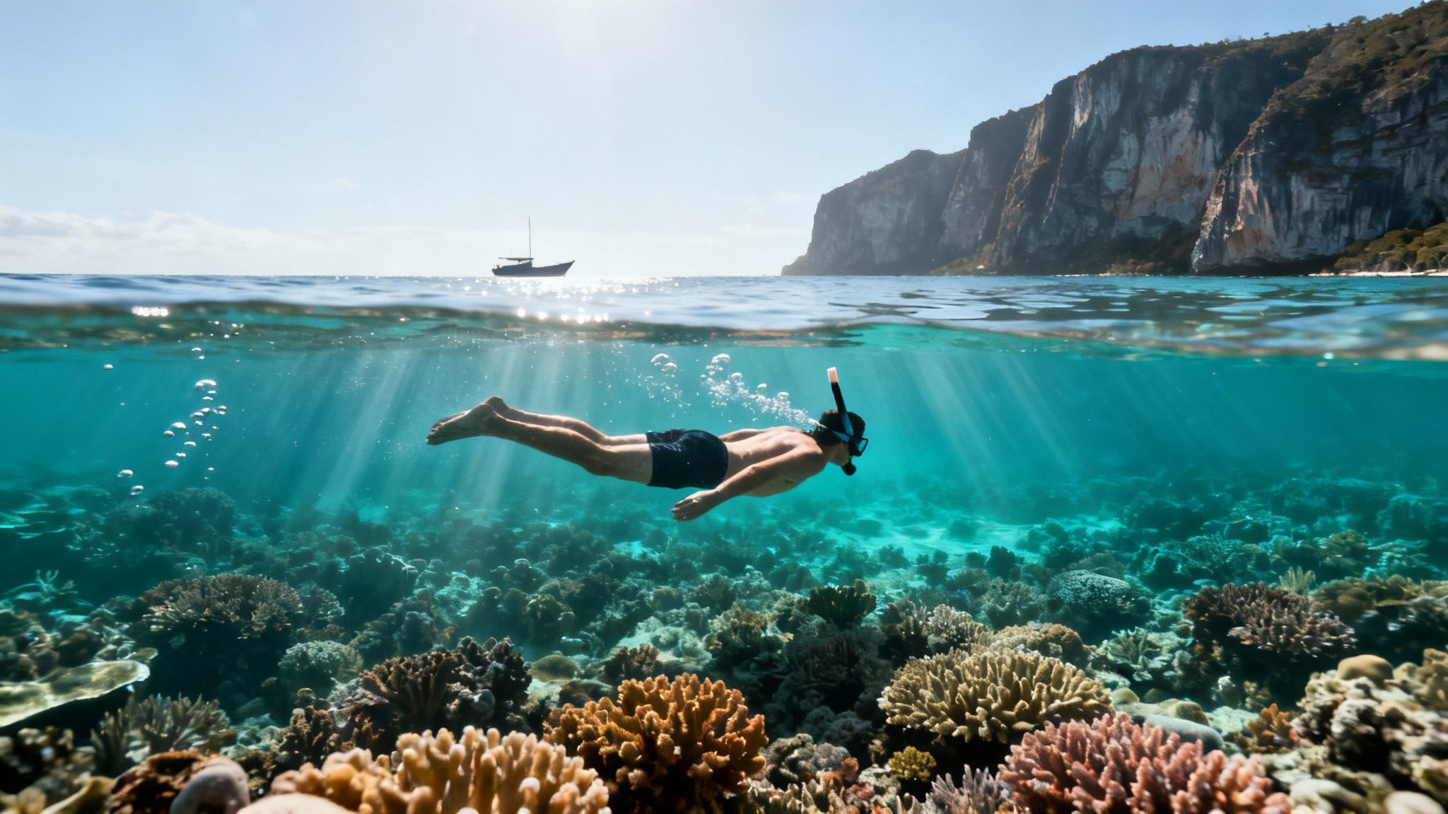 A man snorkeling over a vibrant coral reef, with a boat and cliffs above water.