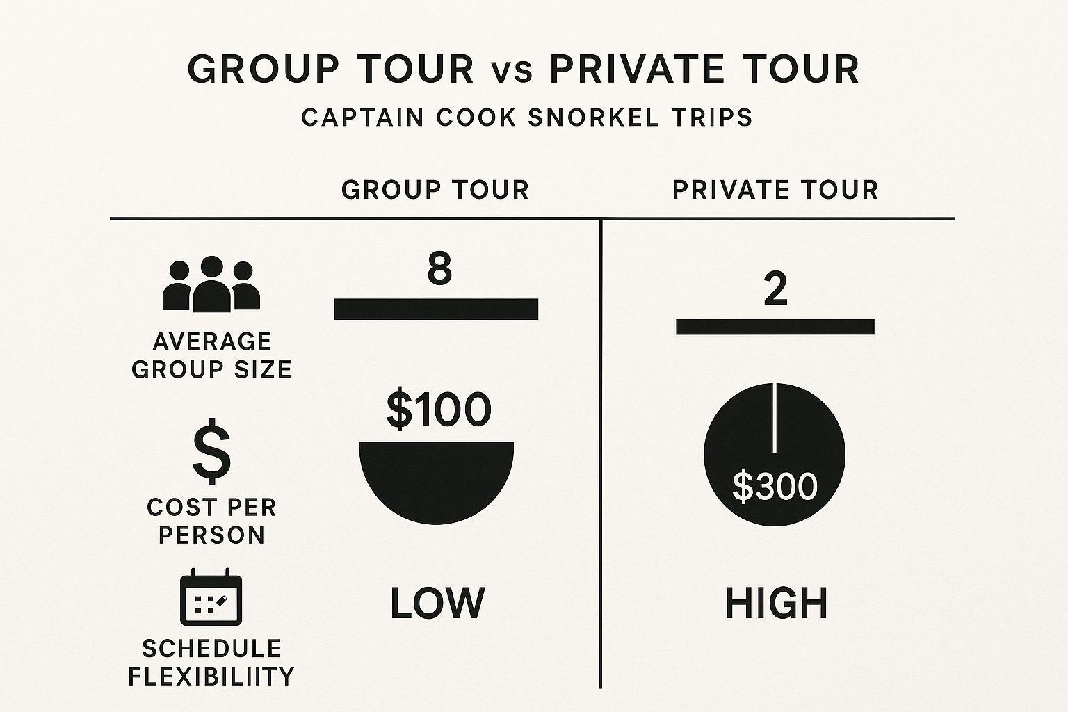 Infographic comparing group vs. private Captain Cook snorkel tours on metrics like group size, cost, and flexibility.