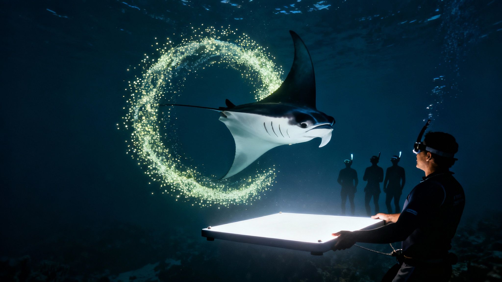 A diver holds an underwater light panel, attracting a majestic manta ray surrounded by glowing particles.