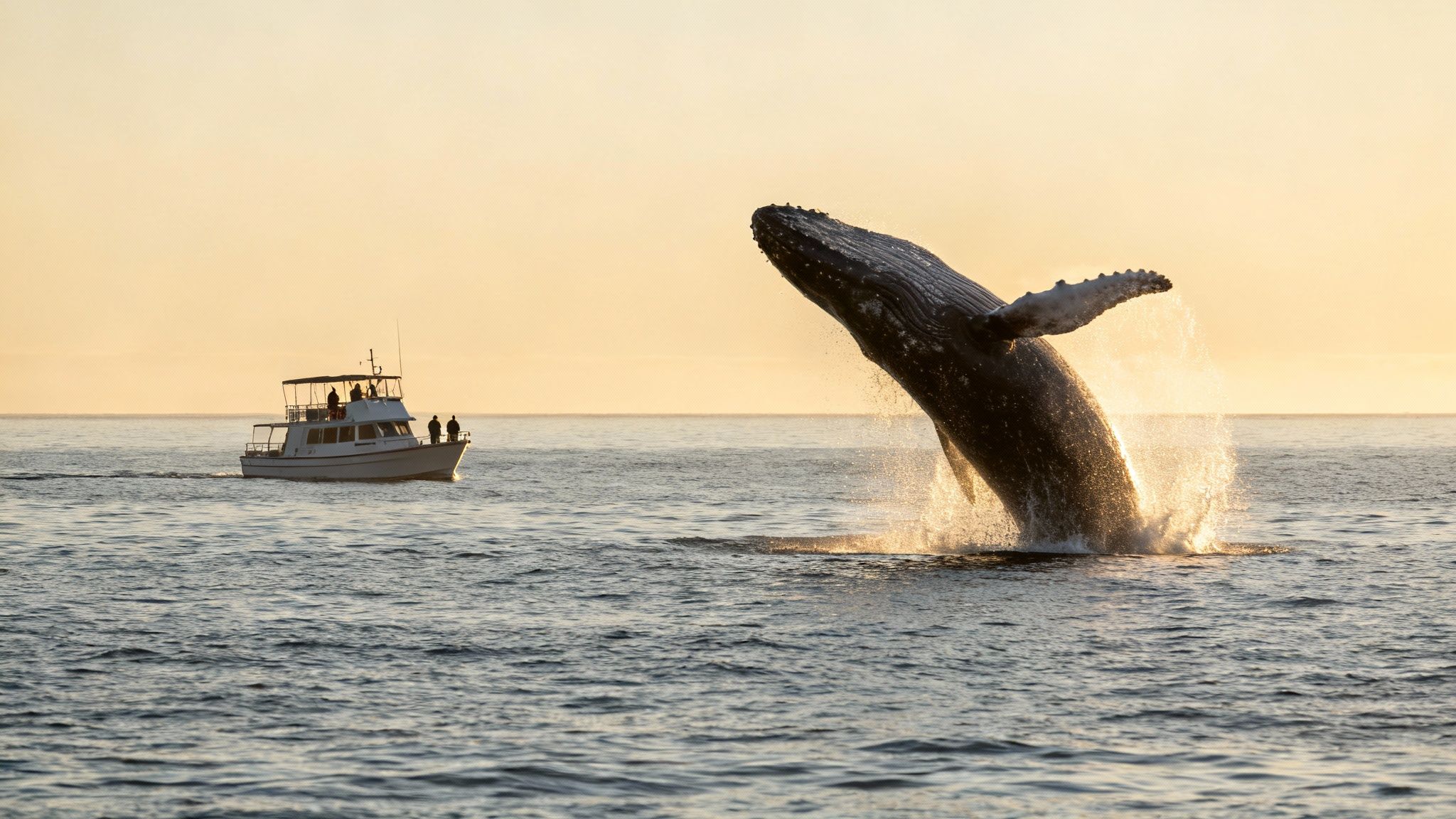 A large humpback whale breaches spectacularly from the ocean near a whale watching boat at sunset.