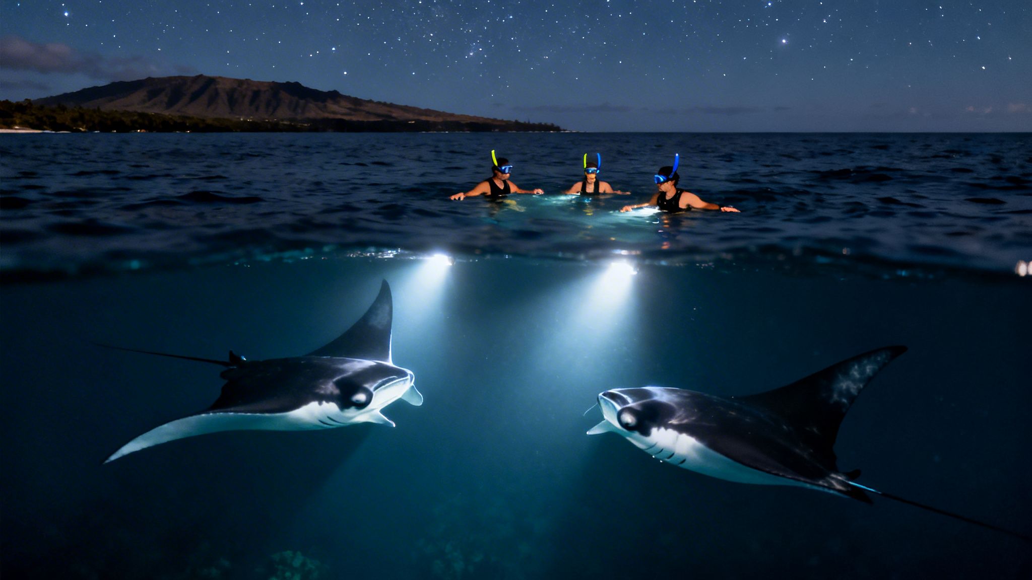 Three people night snorkeling with two manta rays under a starry sky and mountain backdrop.