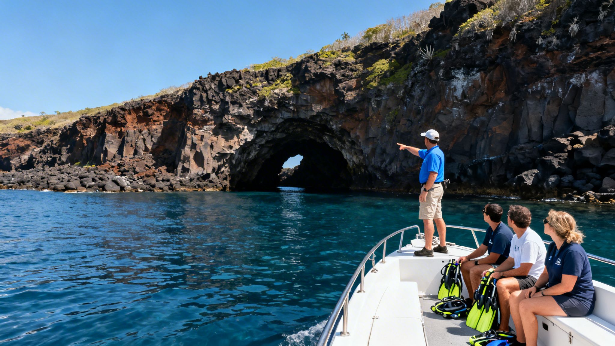 A boat with a guide pointing towards a volcanic sea cave, with tourists and snorkeling gear.