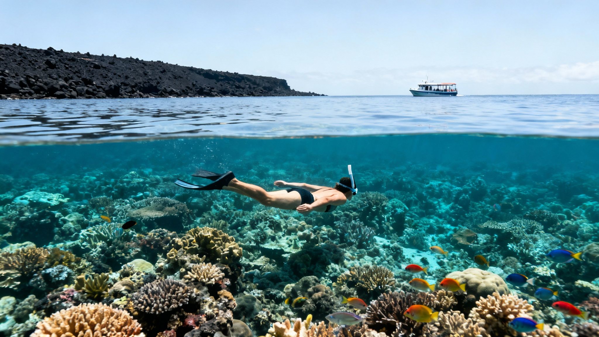 Split-level view of a snorkeler exploring a vibrant coral reef with fish, volcanic island and boat above.