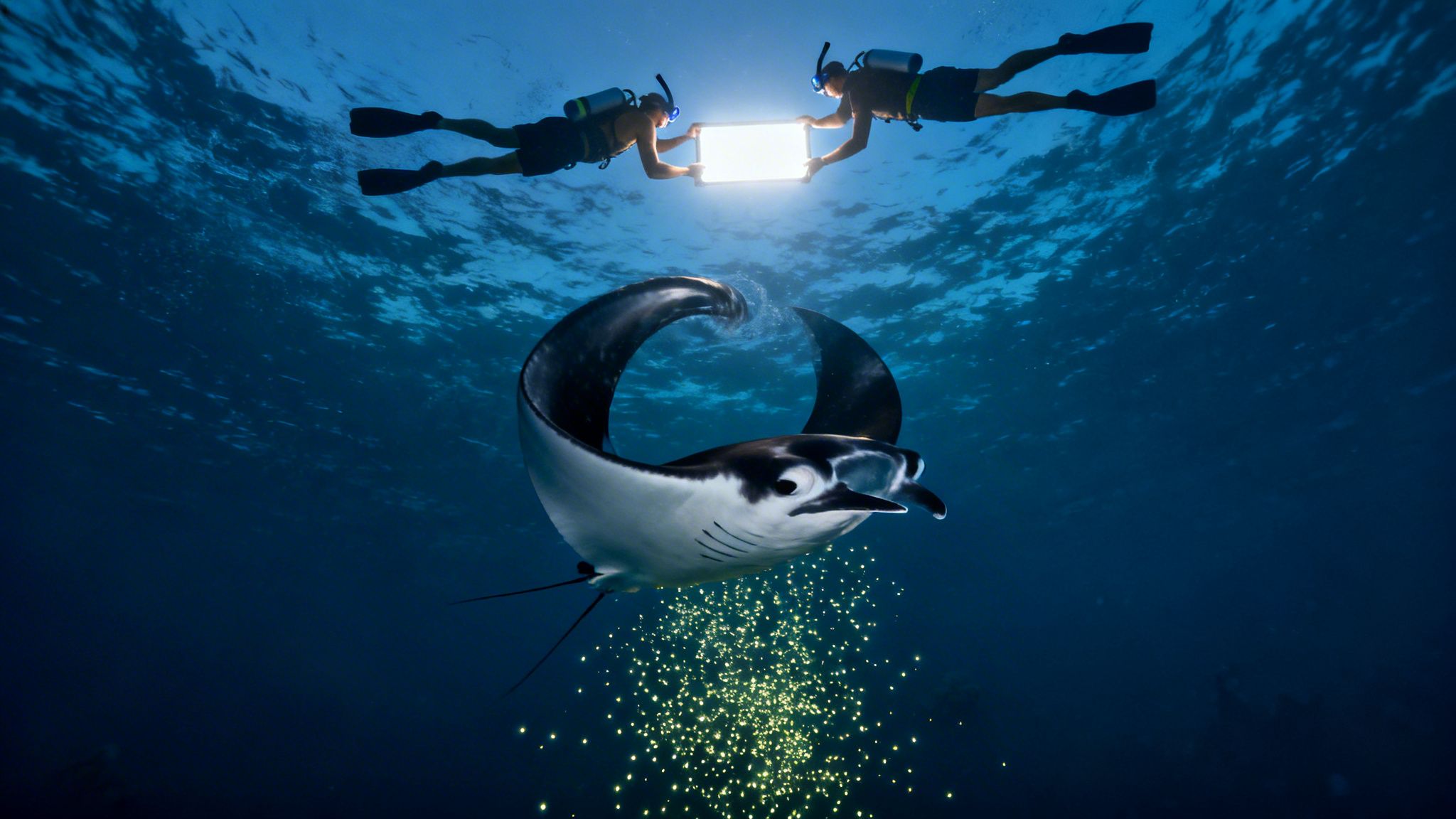 A majestic manta ray swims under two snorkelers holding a bright light panel at night.