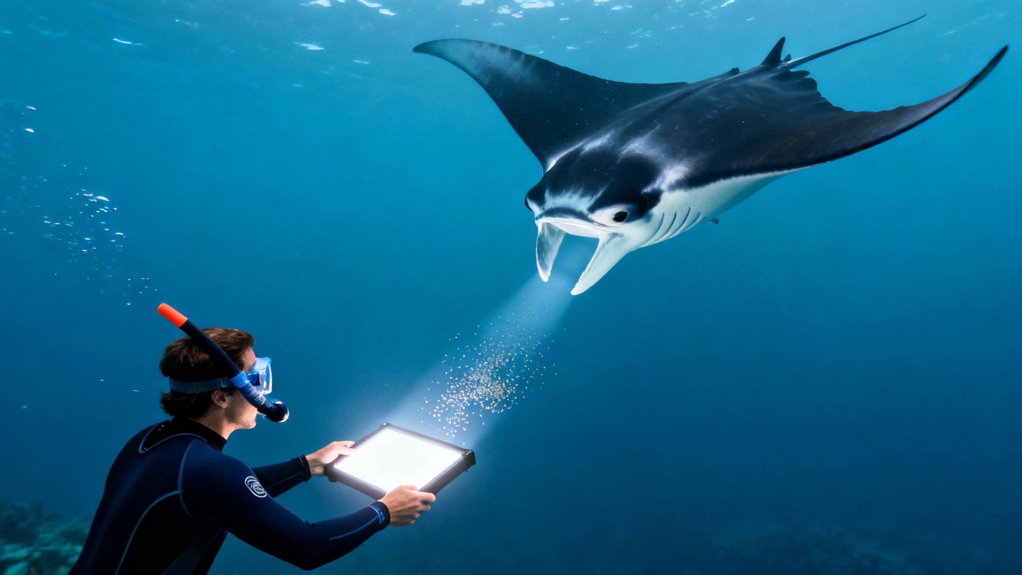 A diver shines an underwater light to attract plankton, feeding a large manta ray at night.