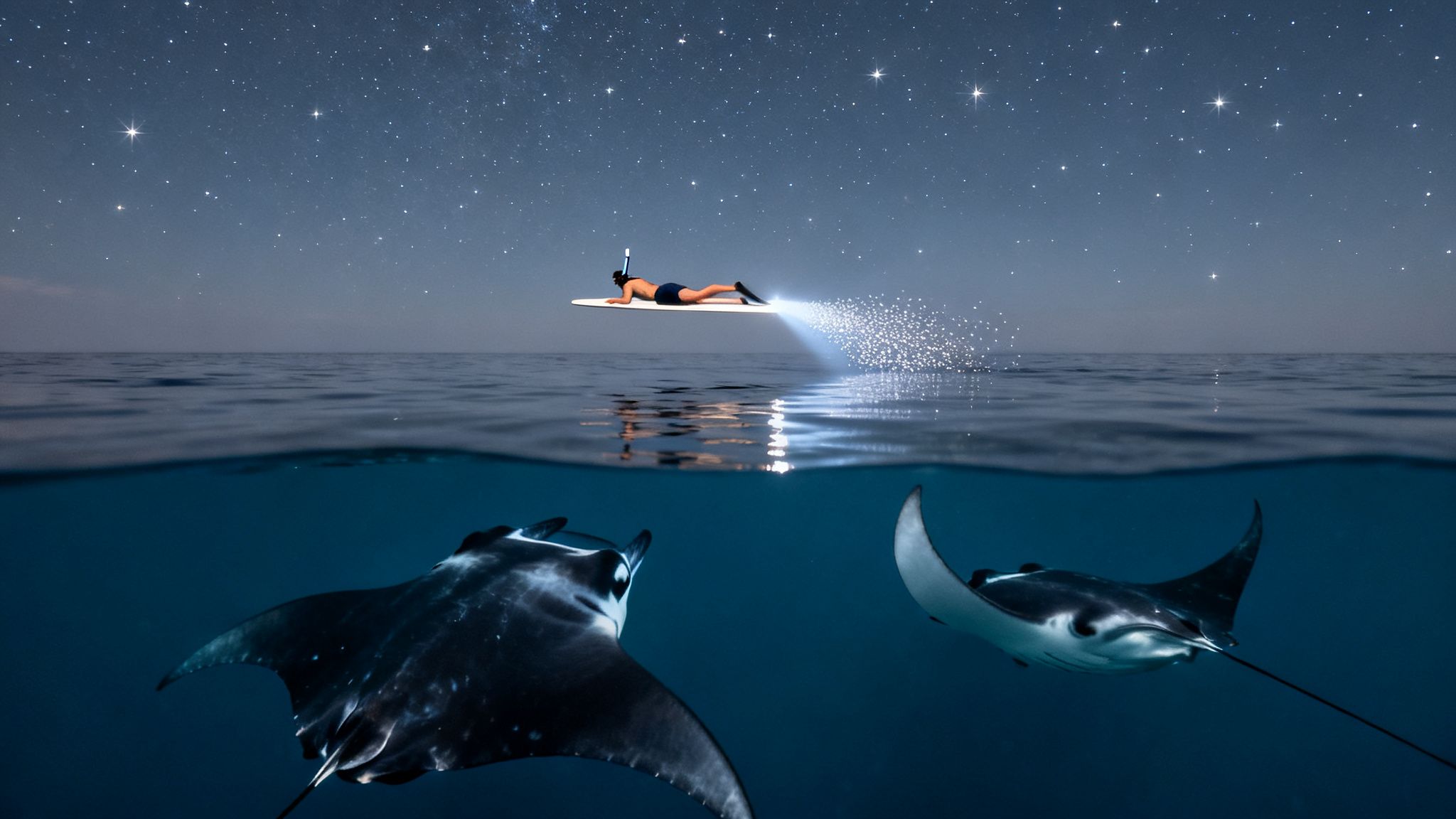 A person on a paddleboard shines a light into the ocean, attracting two manta rays at night under a starry sky.
