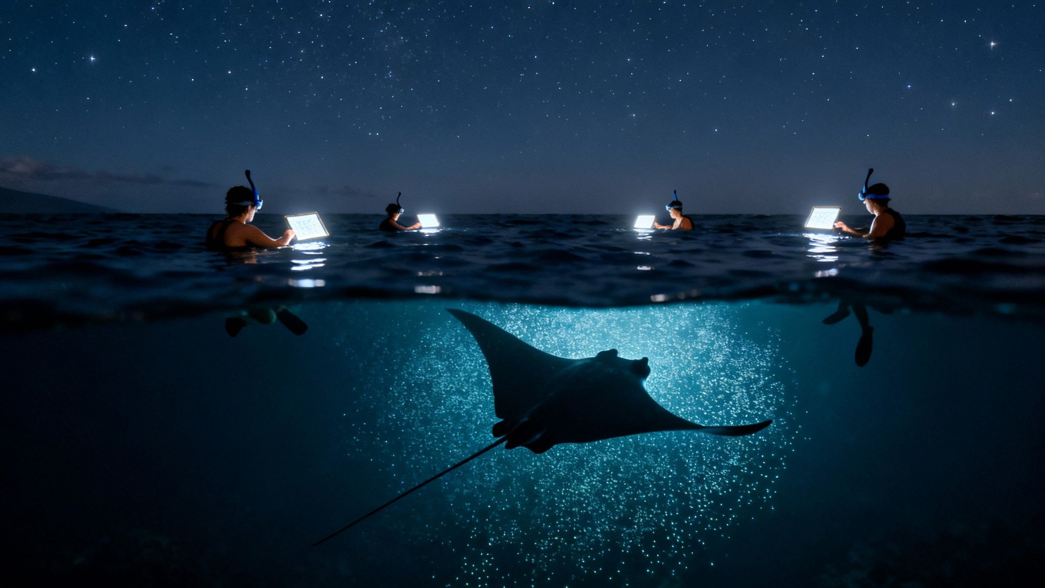 Manta ray night snorkelers with glowing tablets under a beautiful starry sky.