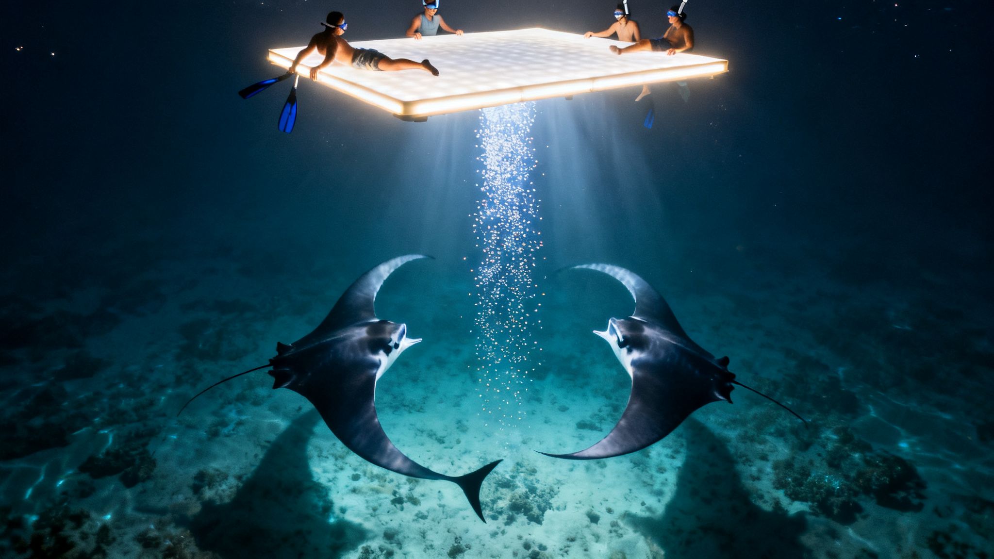 Four people on a lit platform observe two manta rays swimming below in clear blue ocean water at night.
