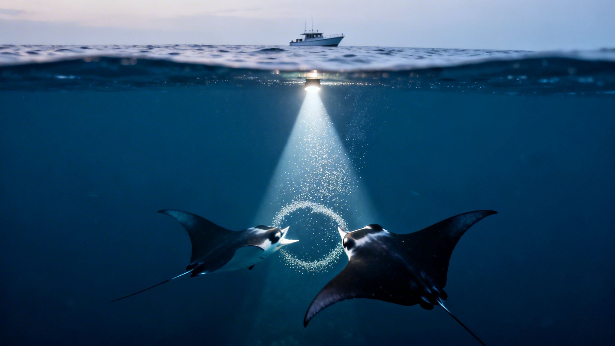 Two manta rays feeding on plankton, illuminated by an underwater light from a boat.