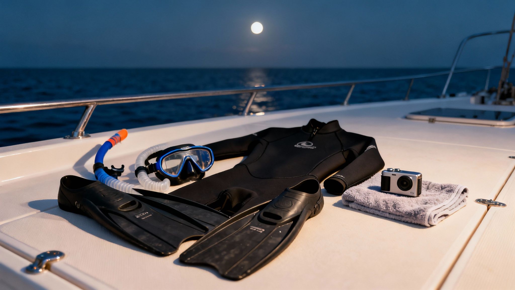 Snorkeling equipment and camera laid out on a boat deck under a full moon at night.