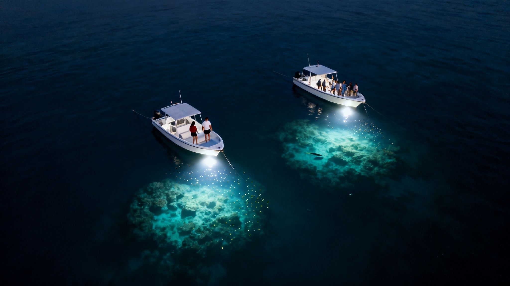 Two boats at night illuminate the ocean floor, revealing people and a manta ray.