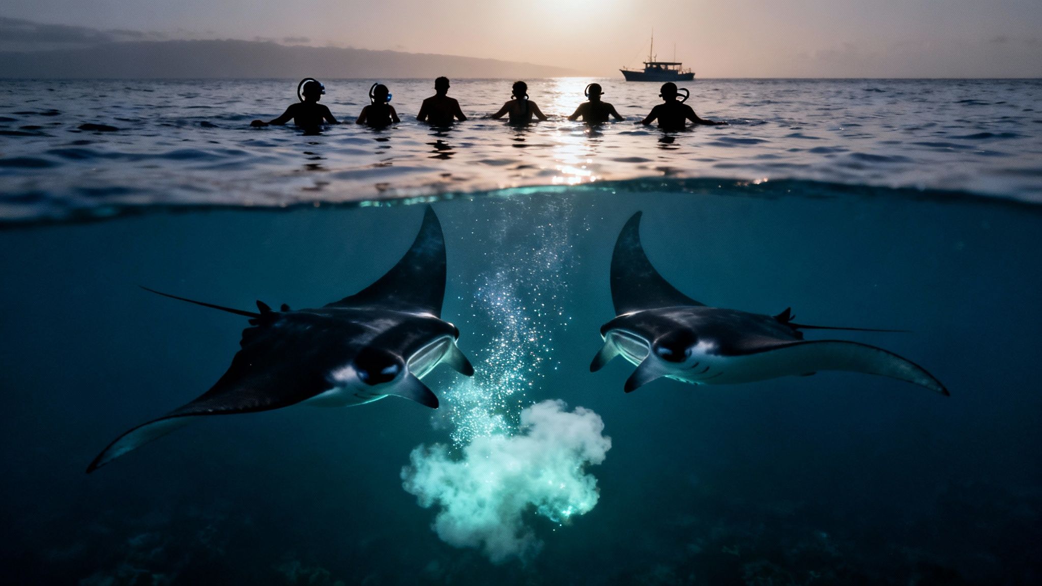 Spectacular split shot showing snorkelers above water and two manta rays below at sunset.
