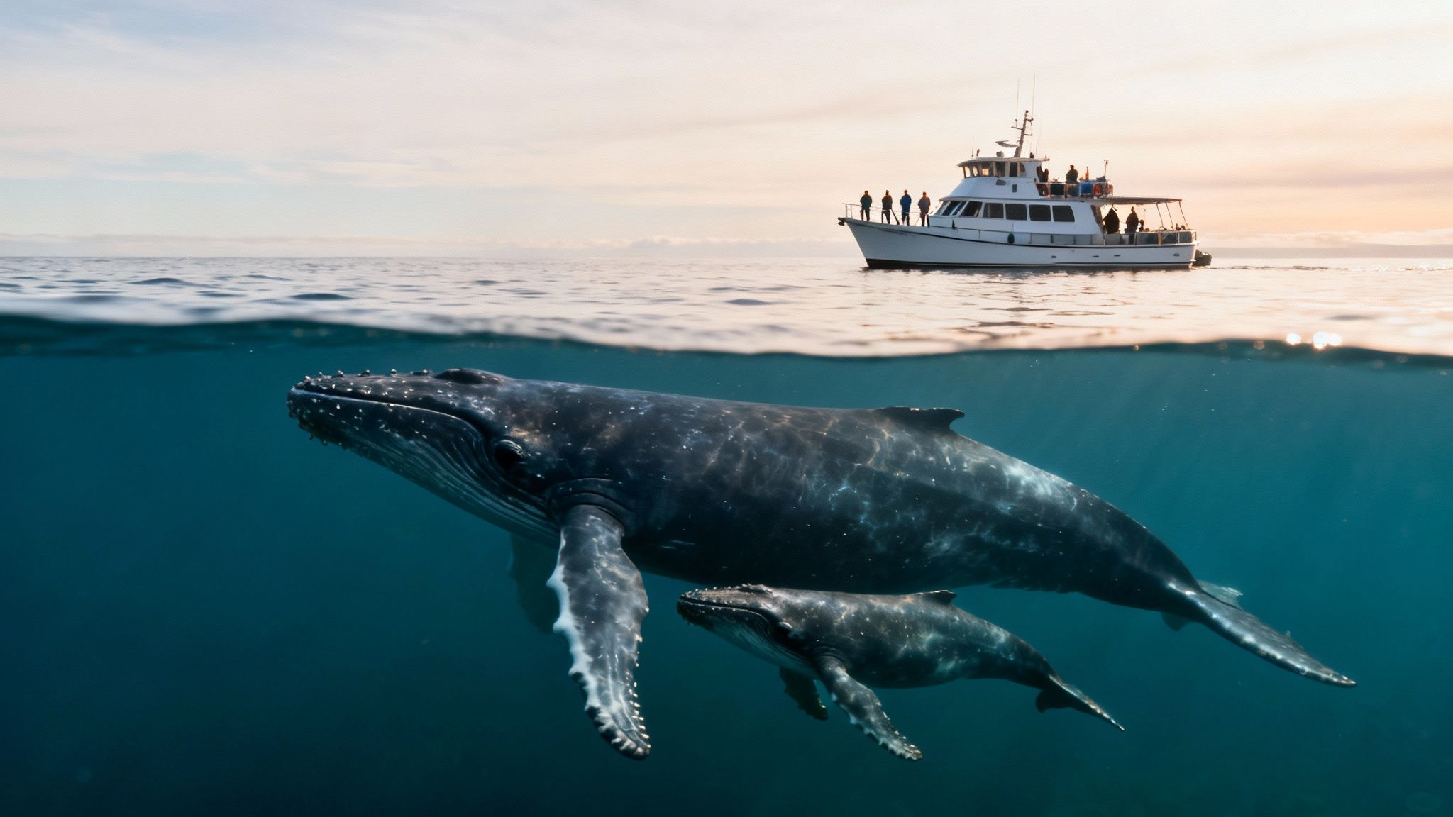Humpback whale and calf swimming gracefully underwater, with a whale-watching boat and people above.
