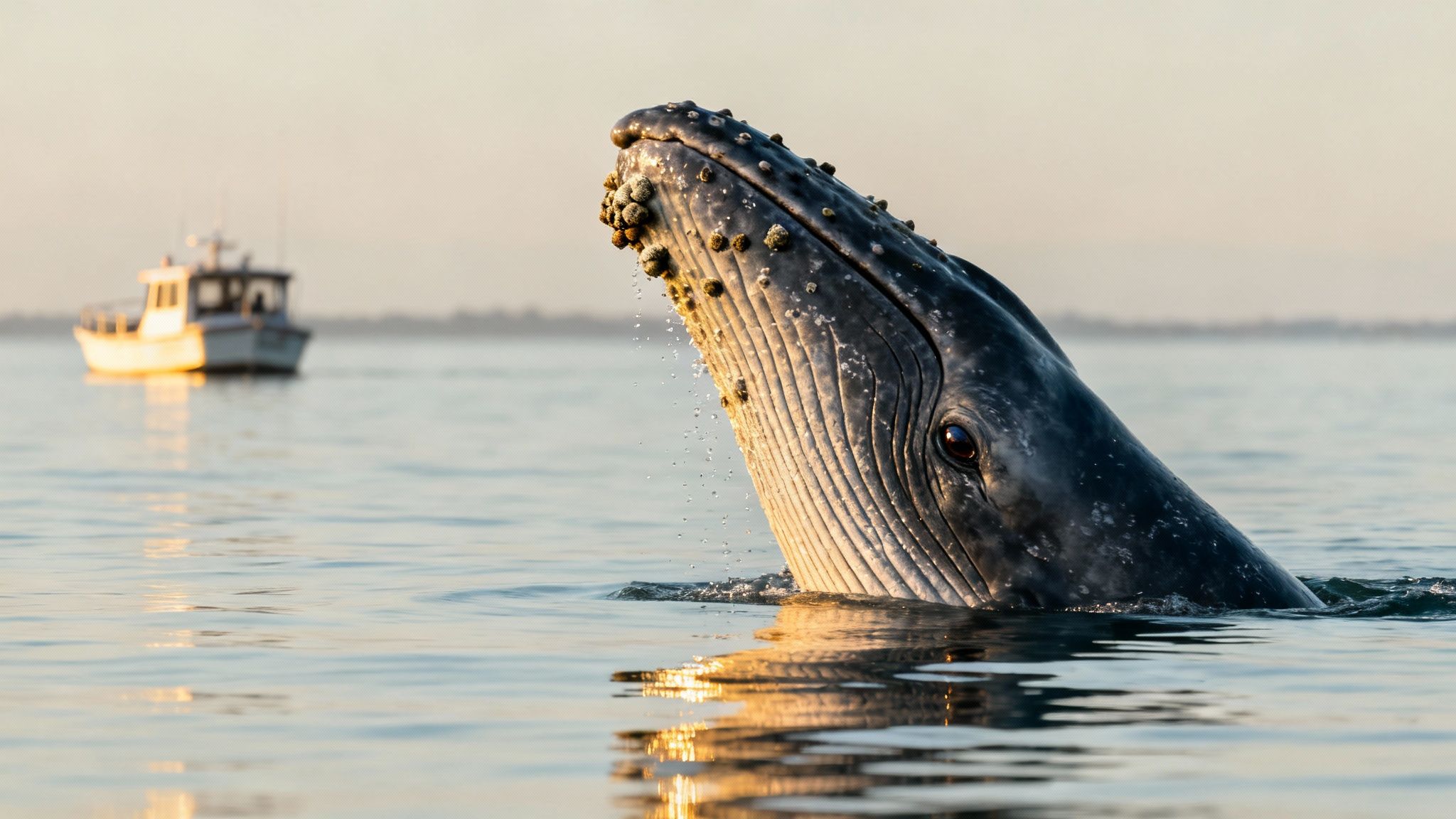A majestic humpback whale with barnacles breaches the water near a boat during golden hour.