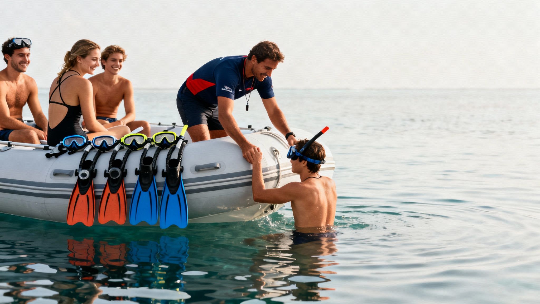 A group of friends prepares for a snorkeling tour from an inflatable boat, assisted by a guide.