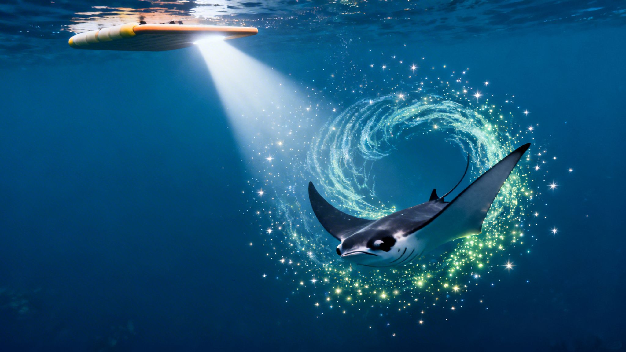 An underwater shot of a majestic manta ray swimming amidst sparkling light, illuminated by a beam from a paddleboard.
