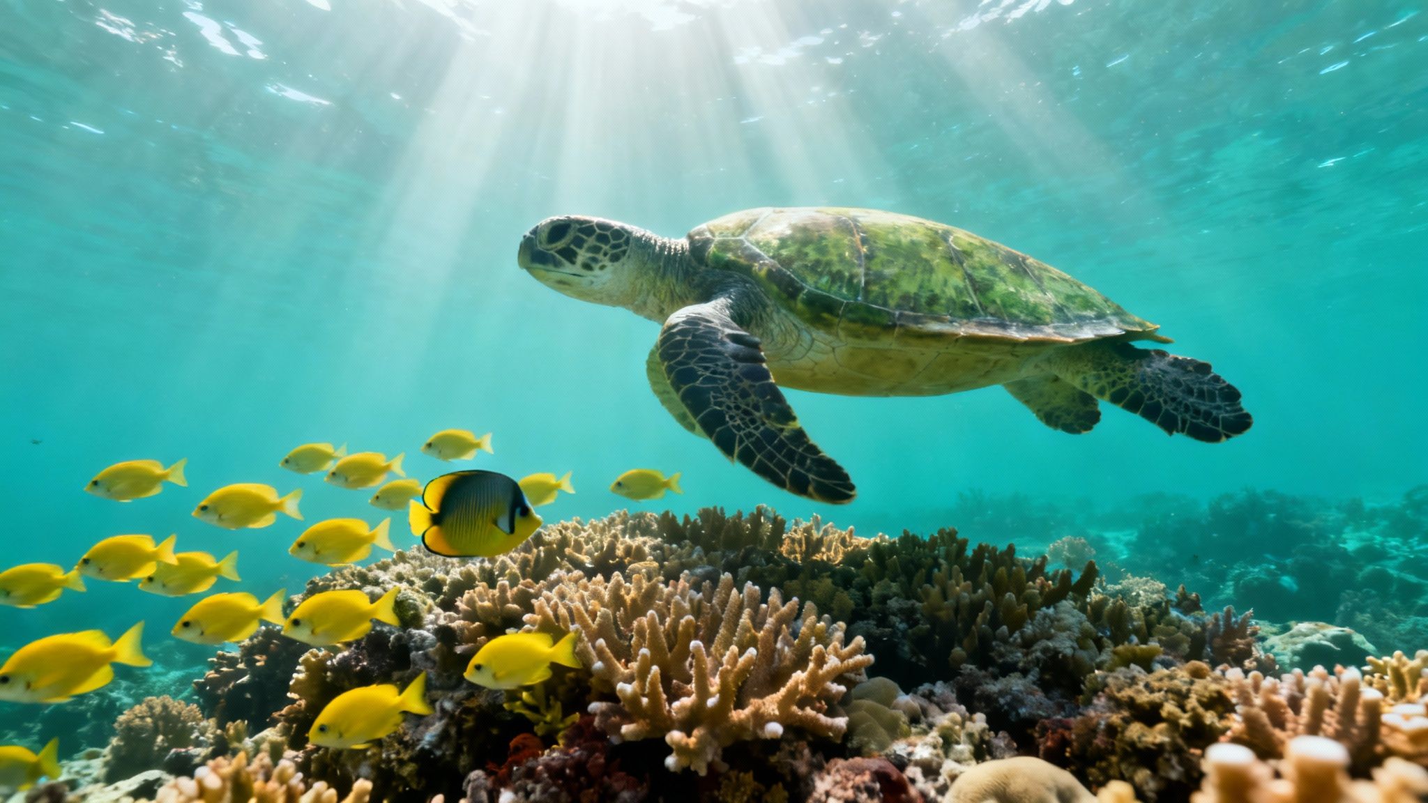 A green sea turtle swims majestically above a vibrant coral reef filled with schools of yellow fish, bathed in sunlight.