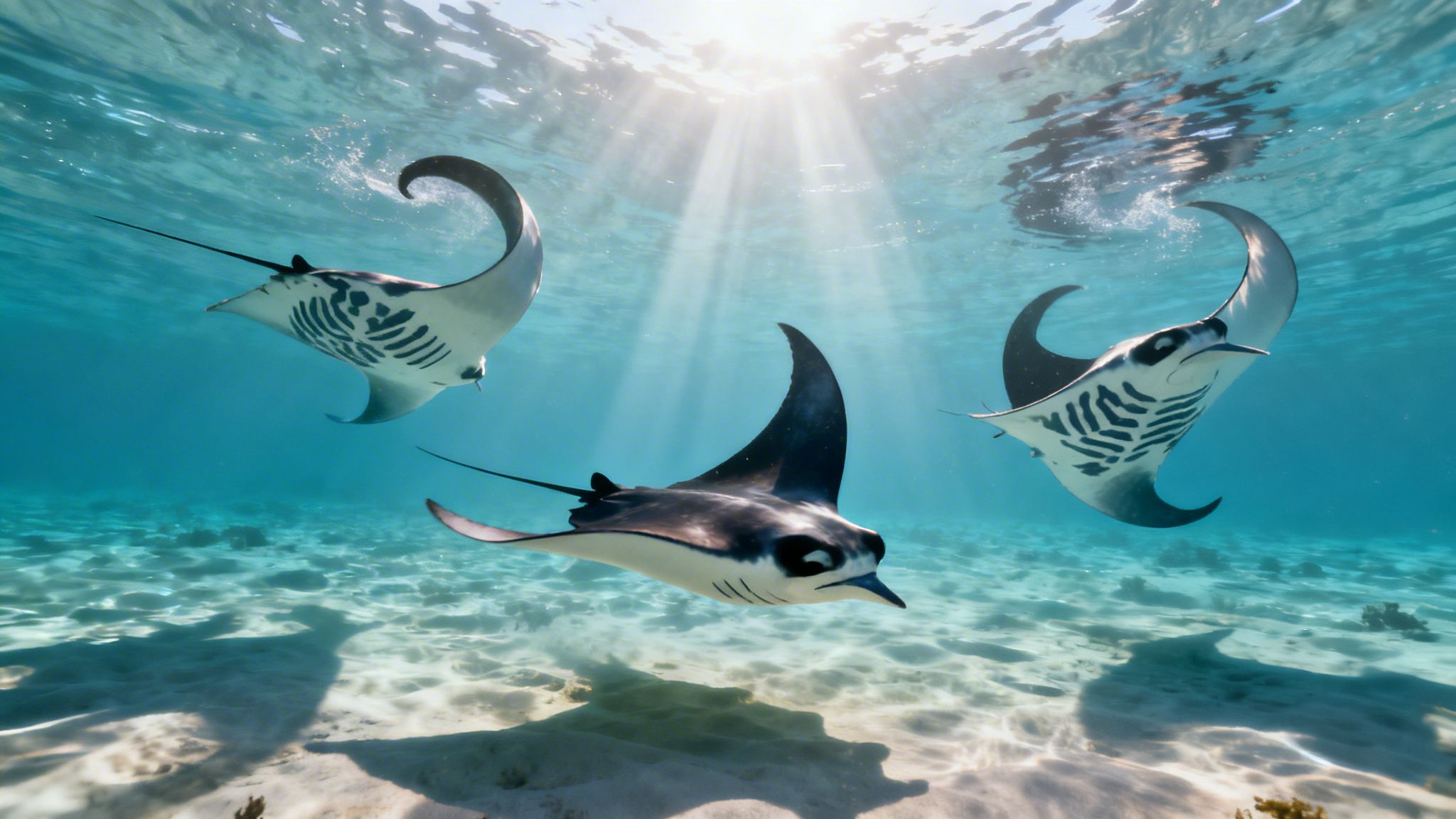 Three majestic manta rays gracefully swim in crystal clear blue ocean water with sunbeams.