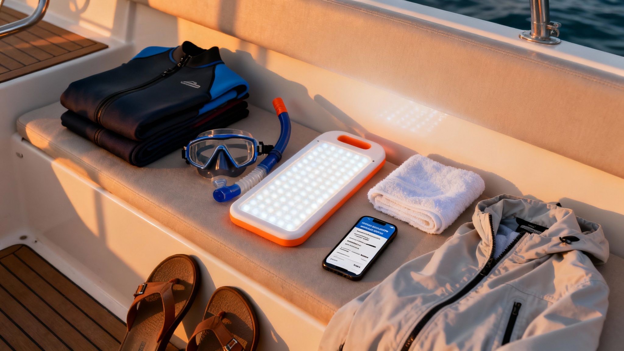 Snorkeling gear, wetsuit, sandals, and essentials for a boat trip at sunset.