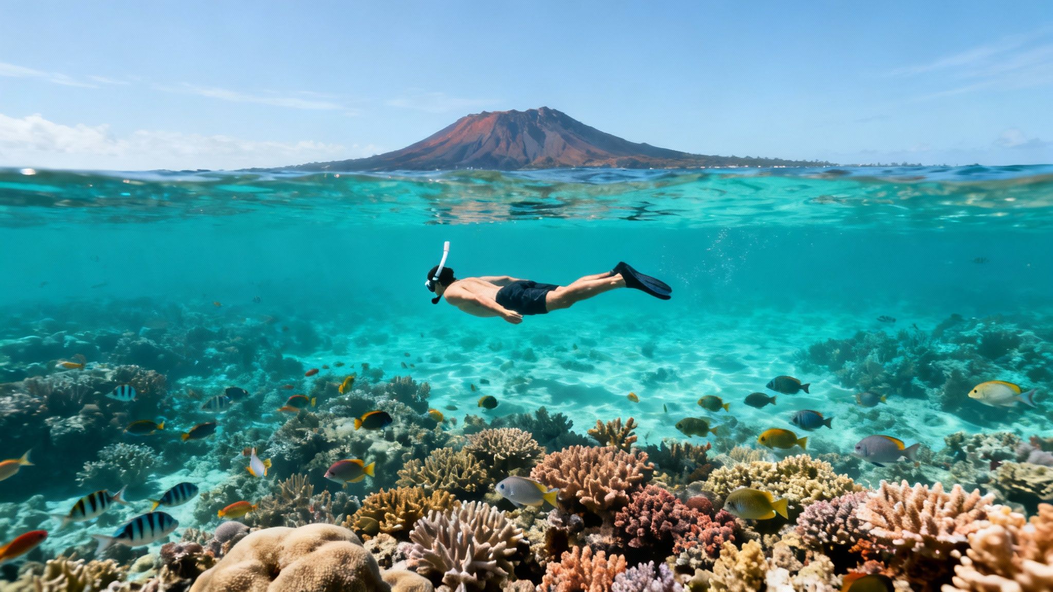 Over-under shot of a snorkeler admiring a vibrant coral reef with an island volcano.