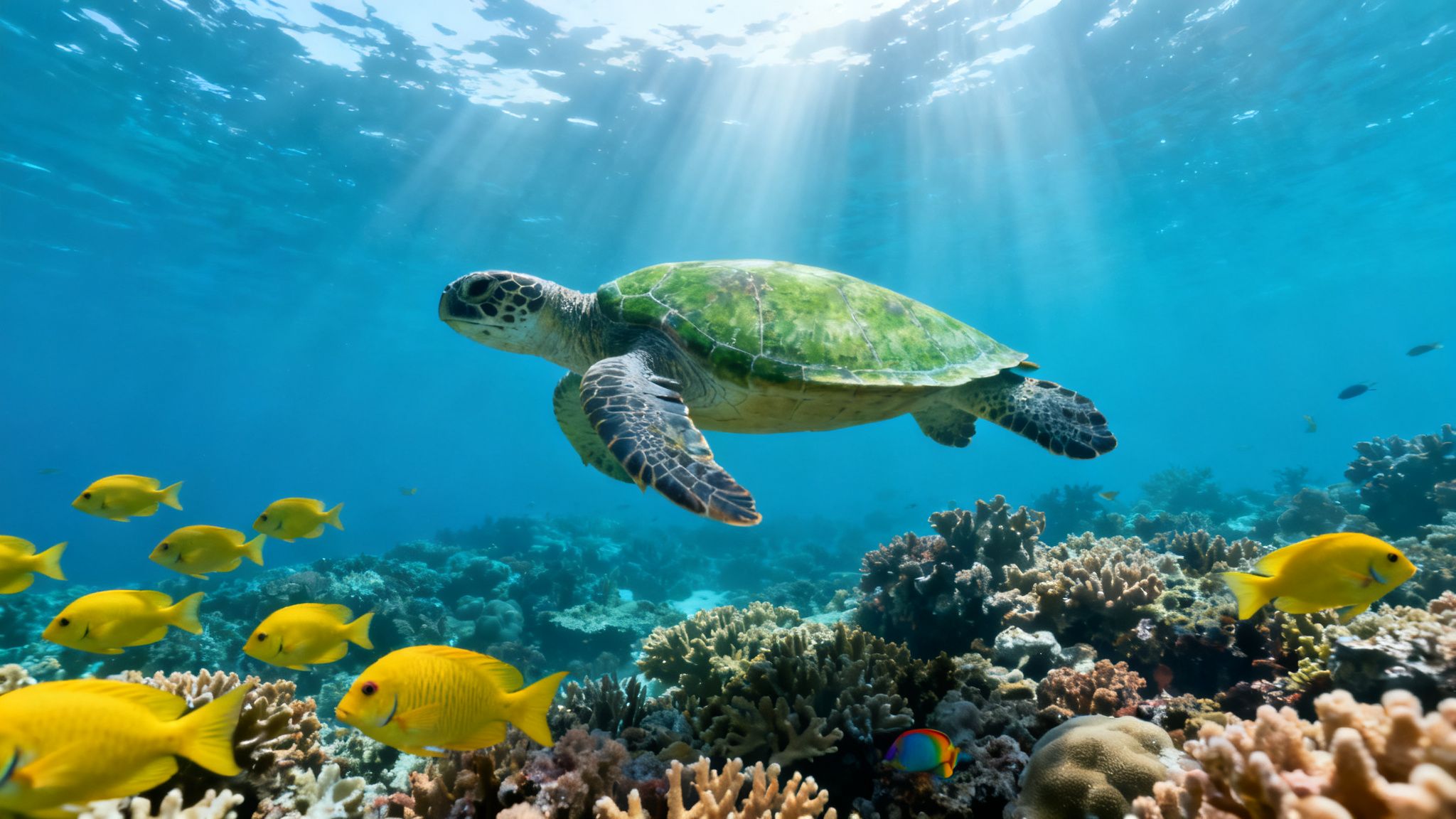 A majestic green sea turtle swims gracefully above a vibrant coral reef with schooling yellow fish.
