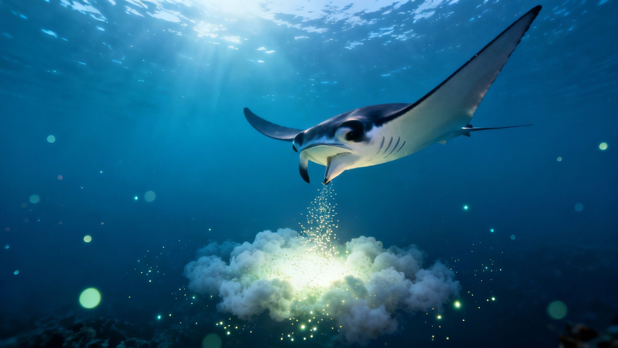 A majestic manta ray feeds on a luminous cloud of particles in the deep blue ocean, with sunlight filtering from above.